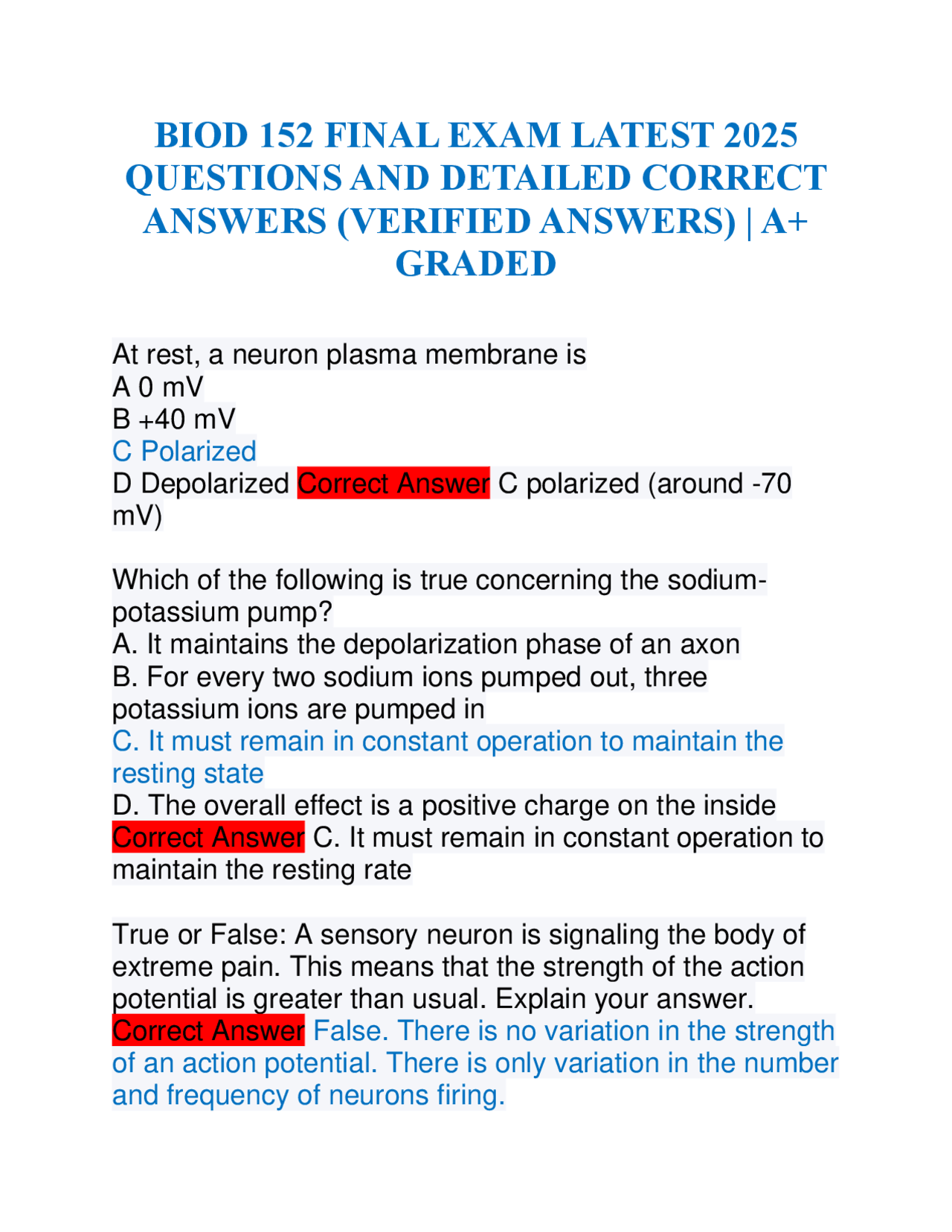 BIOD 152 FINAL EXAM LATEST 2025 QUESTIONS AND DETAILED CORRECT ANSWERS ...