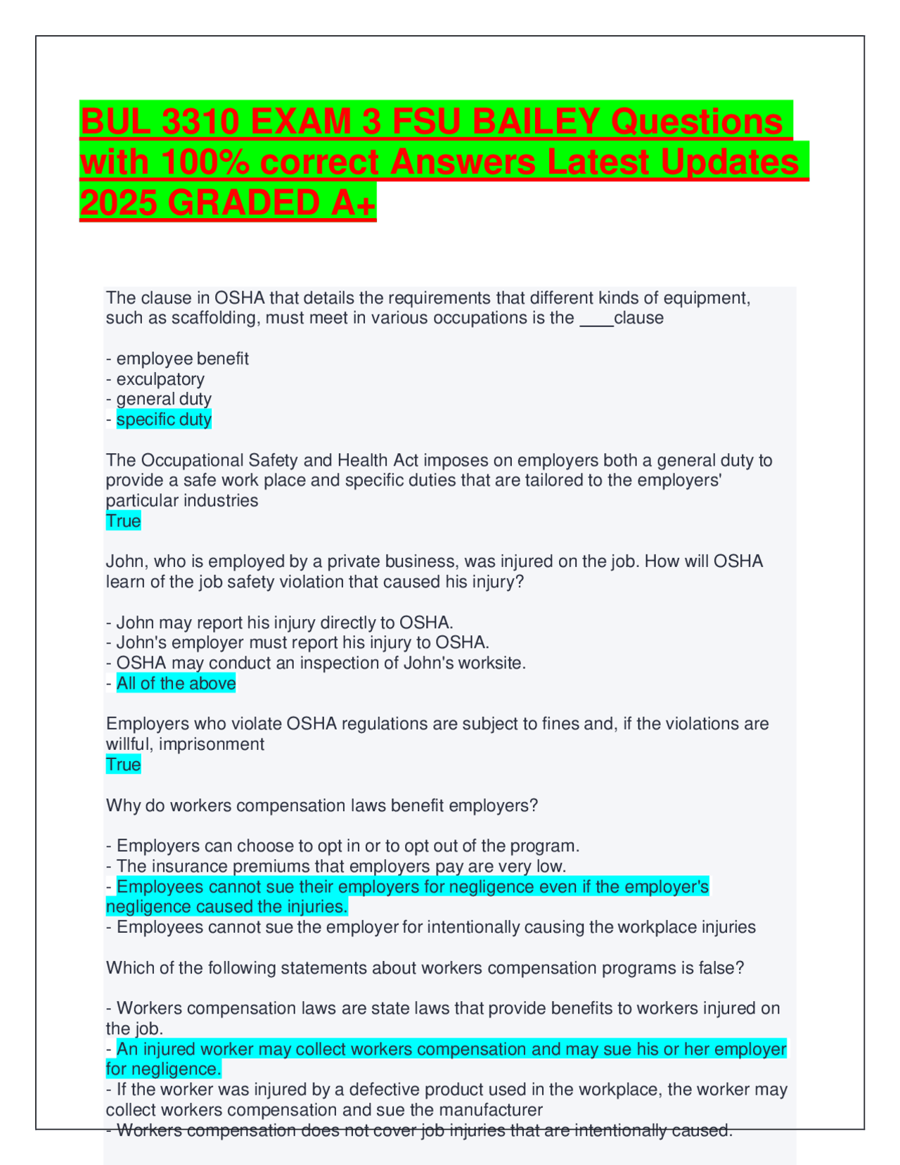 BUL 3310 EXAM 3 FSU BAILEY Questions with 100% correct Answers Latest ...