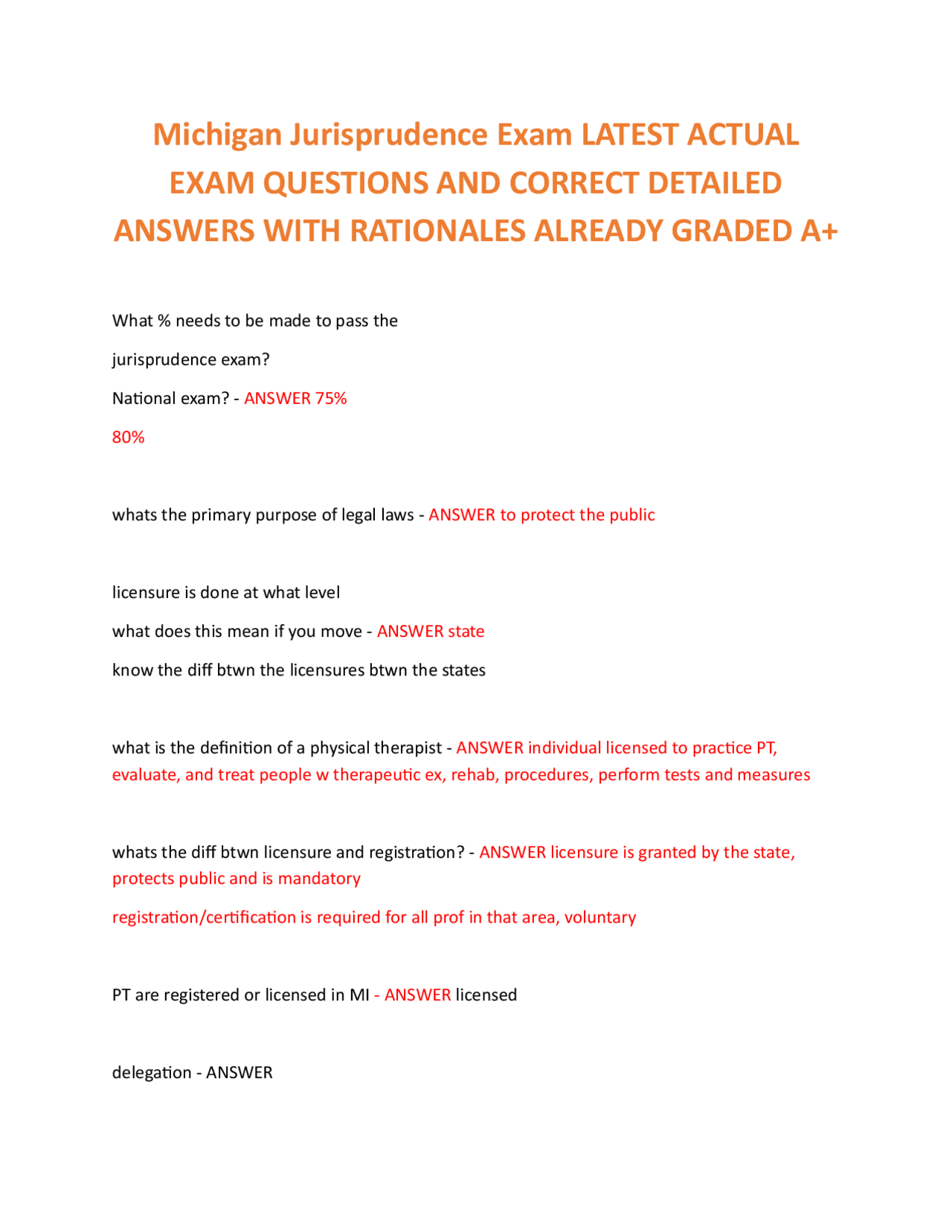 Michigan Jurisprudence Exam for Physical Therapists: Questions and ...