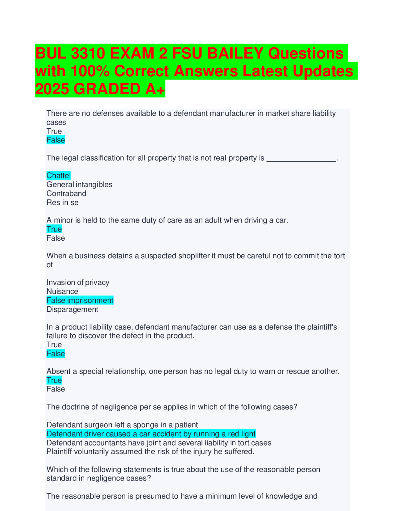 BUL 3310 EXAM 2 FSU BAILEY Questions with 100% Correct Answers Latest ...