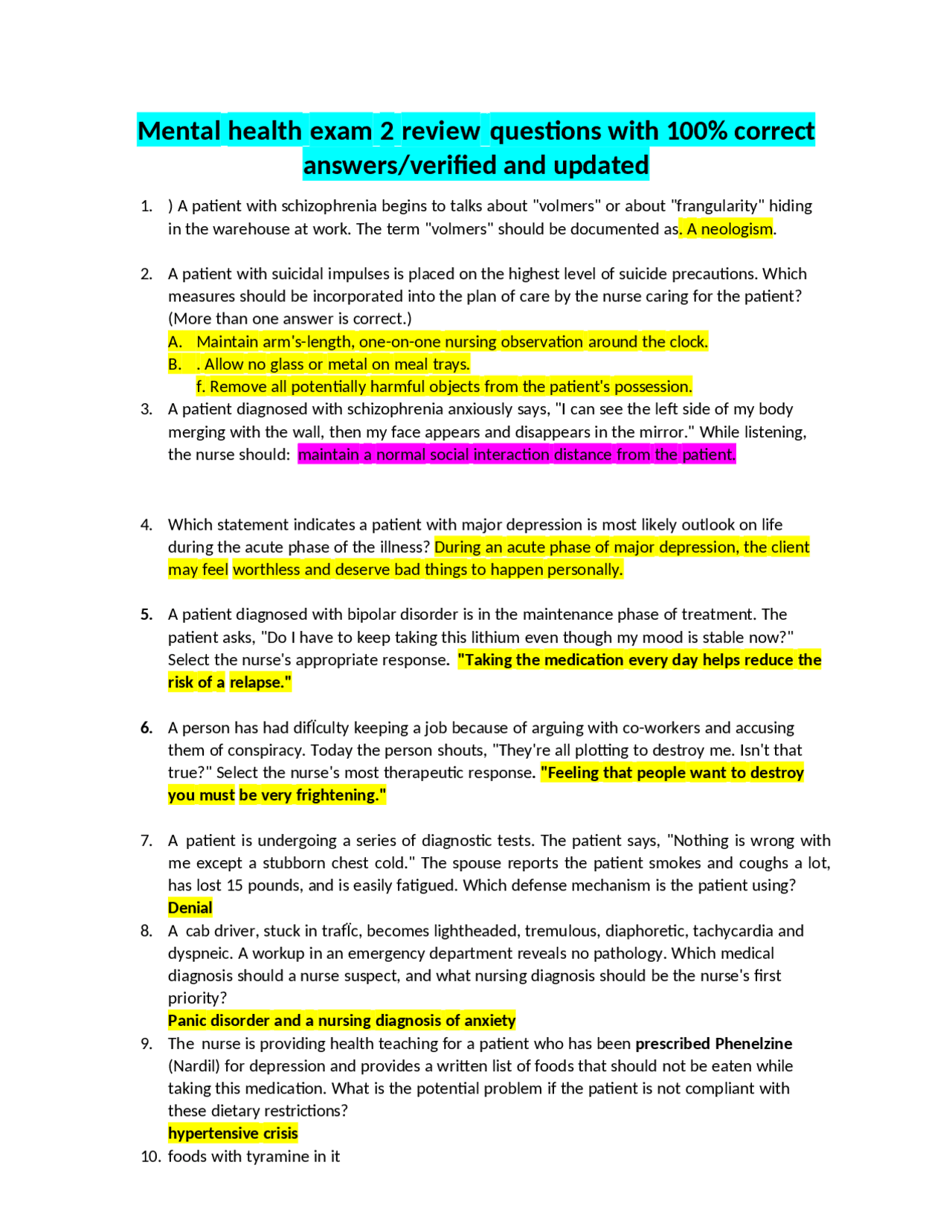 Mental health exam 2 review questions with 100% correct answers ...
