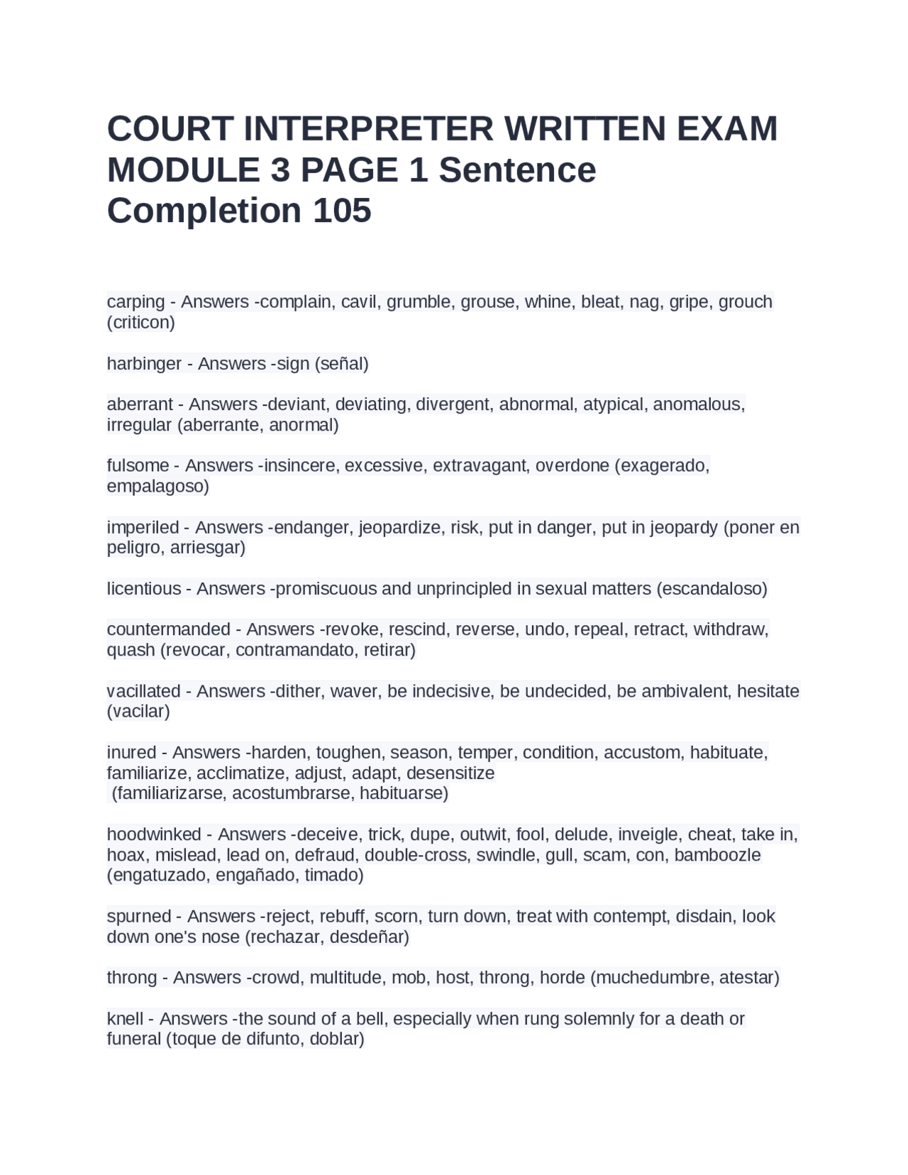Court Interpreter Written Exam: Module 3 Sentence Completion Exercises ...