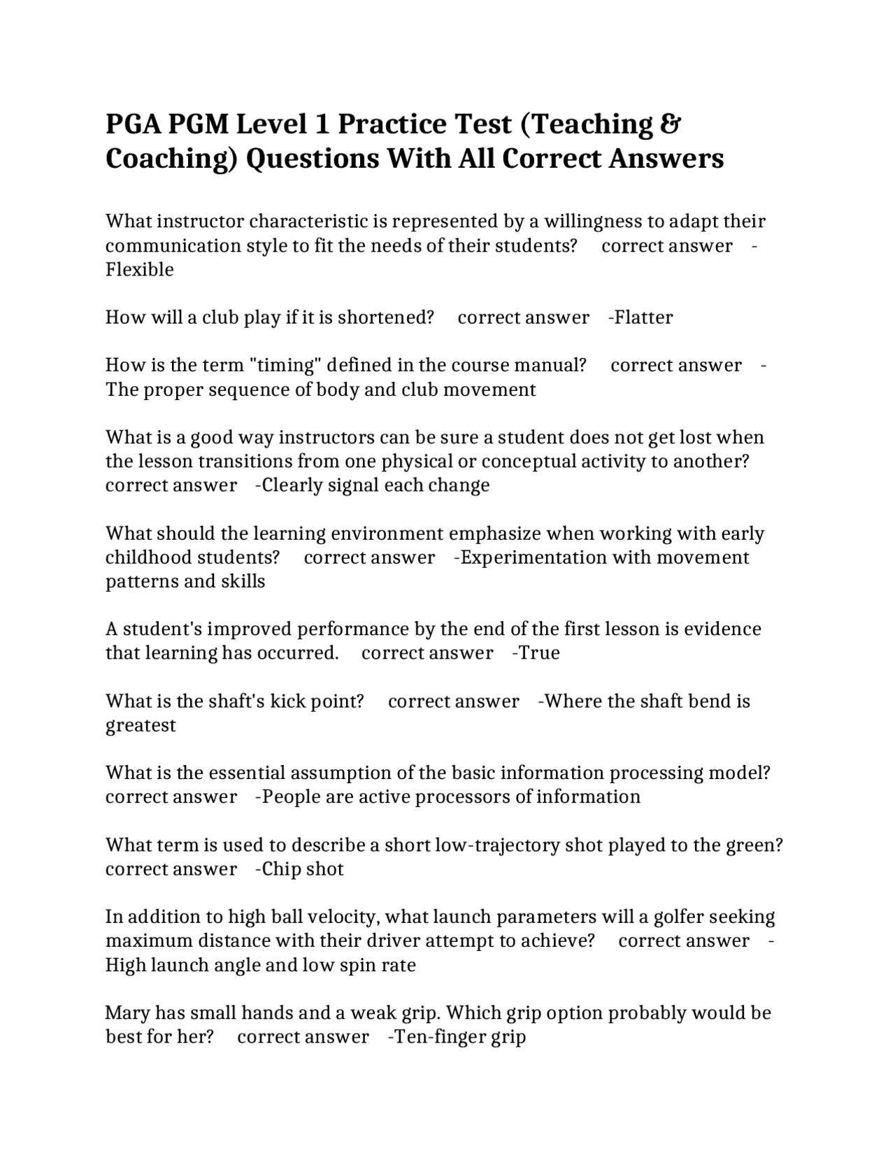 PGA PGM Level 1 Practice Test (Teaching & Coaching) Questions With All ...