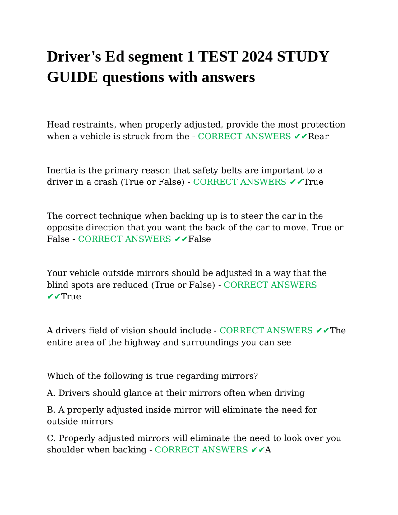 Driver's Education Test 2024 Study Guide: Questions and Answers | Exams ...