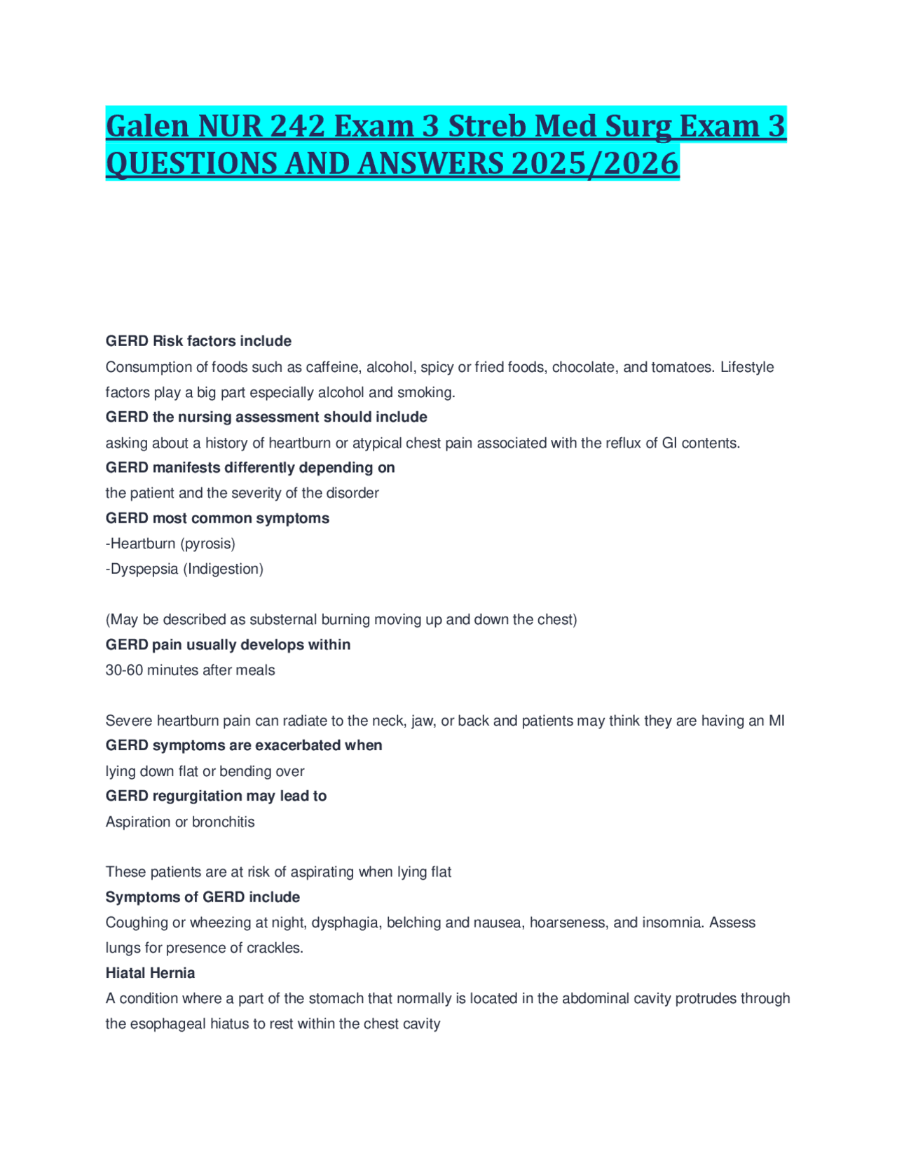 Galen NUR 242 Exam 3 Streb Med Surg Exam 3 QUESTIONS AND ANSWERS 2025/ ...