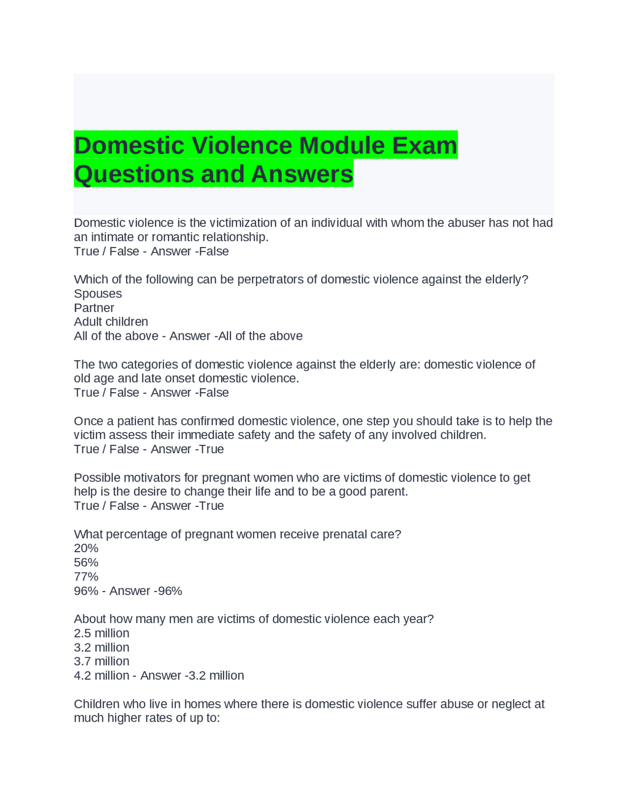Domestic Violence Module Exam: Questions and Answers | Exams Advanced Education | Docsity