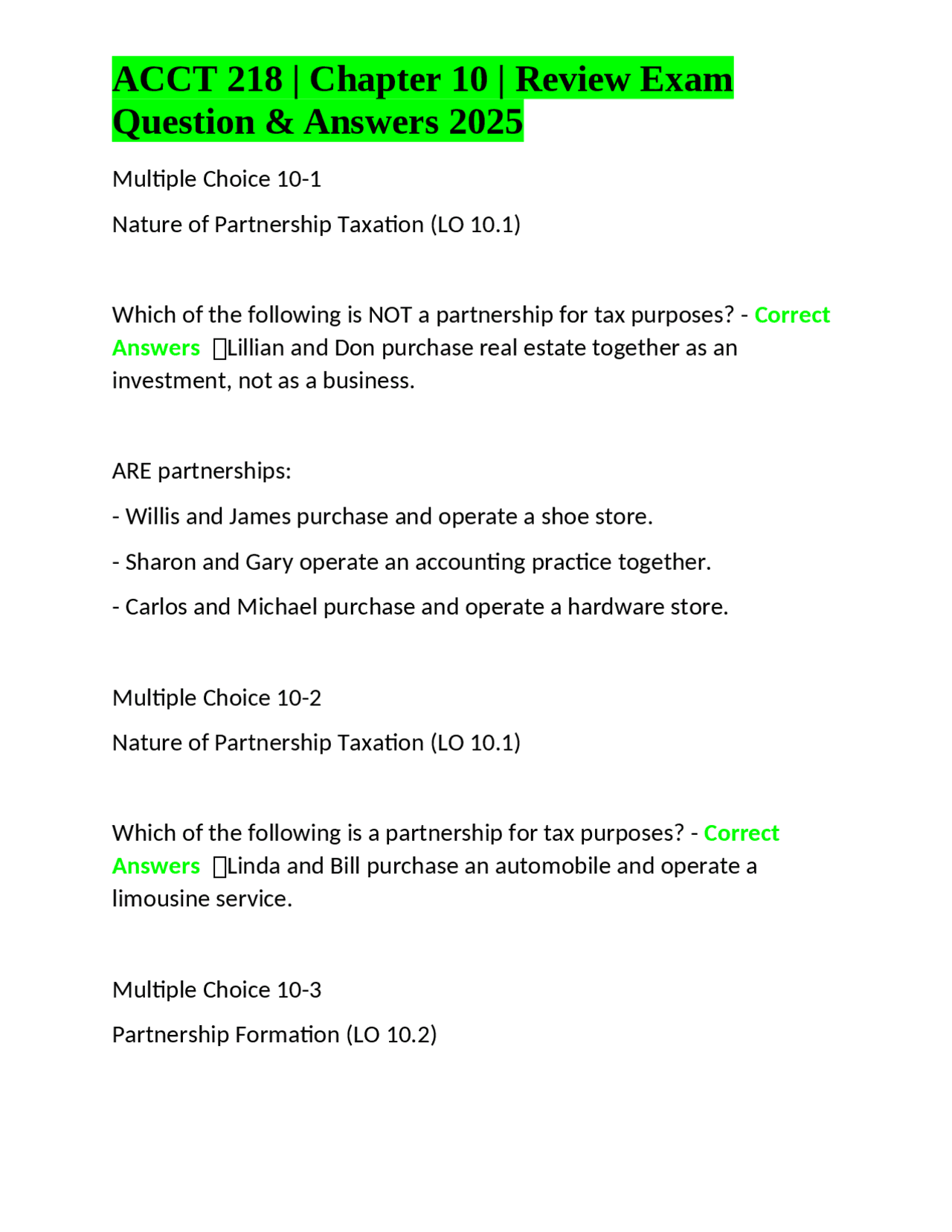 ACCT 218 Chapter 10 Review Exam: Multiple Choice Questions and Answers ...