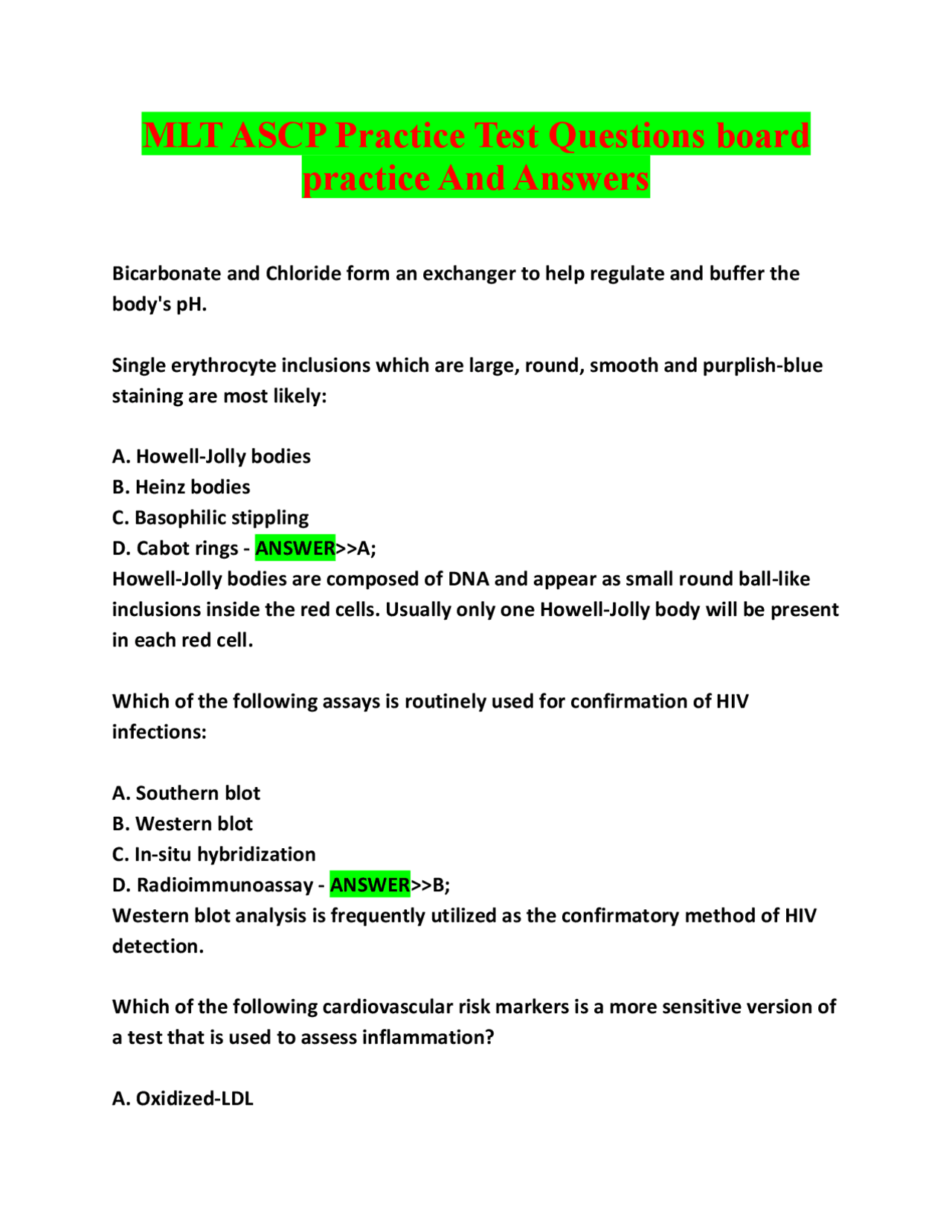 ASCP Practice Test: MLT Questions & Answers | Exams Nursing | Docsity