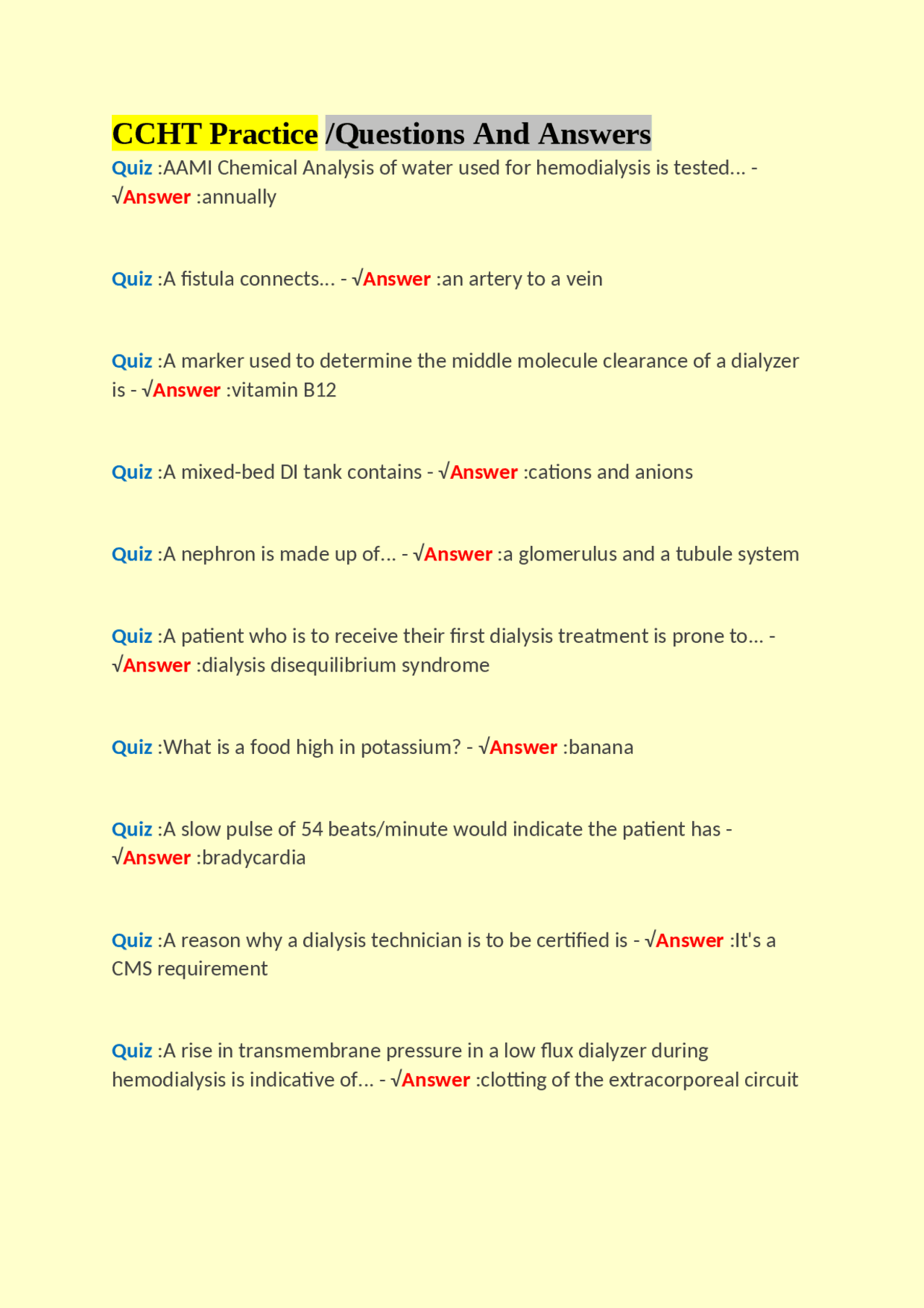 CCHT Practice /Questions And Answers | Exams Public Health | Docsity