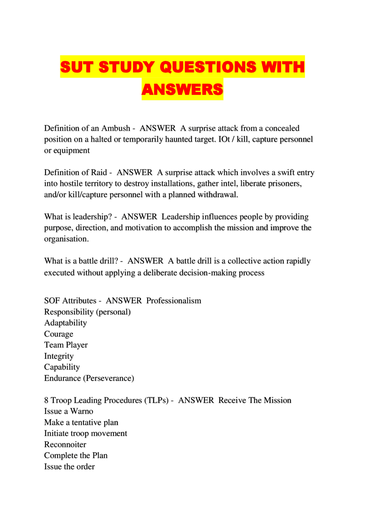 SUT Study Questions with Answers: A Guide to Military Tactics and ...