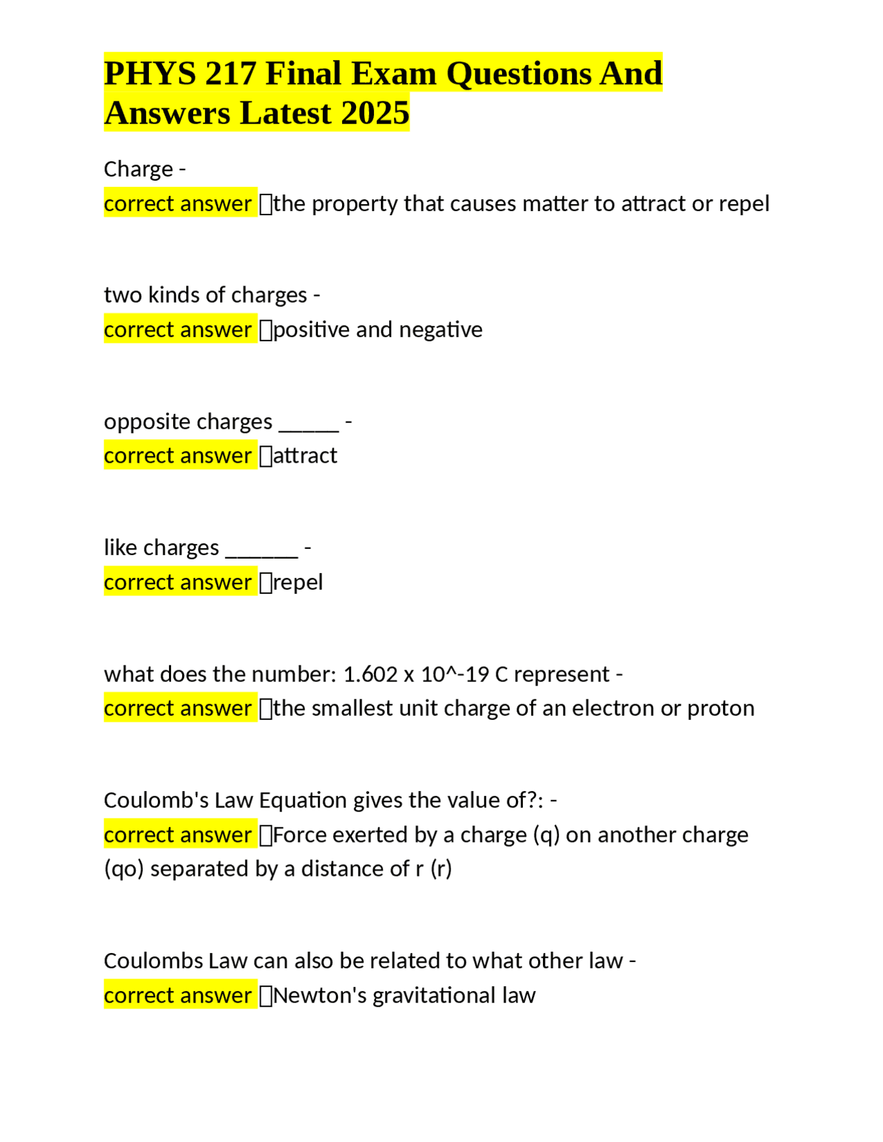 PHYS 217 Final Exam Questions and Answers: Electricity and Magnetism ...