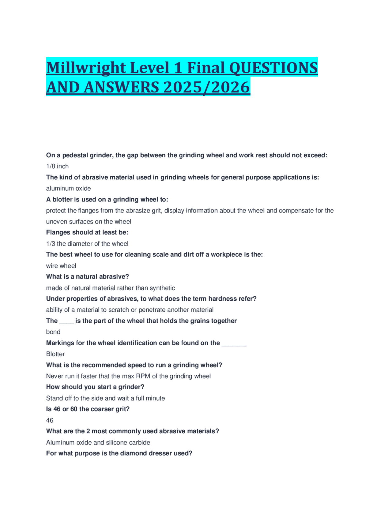 Millwright Level 1 Final Questions and Answers | Exams Engineering ...