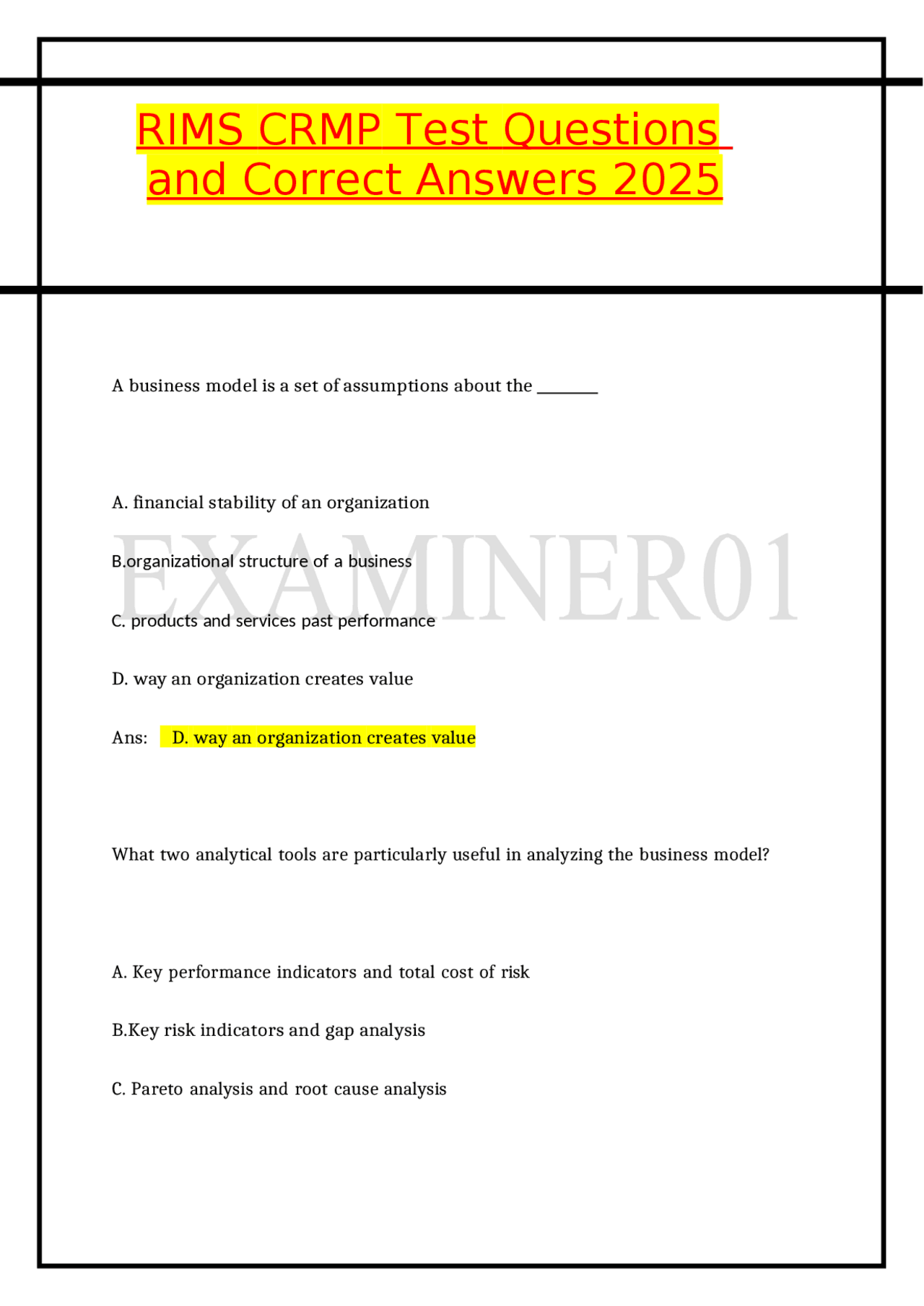 Questions About Risk Management Risk Management: Questions and Answers for Business Professionals ...