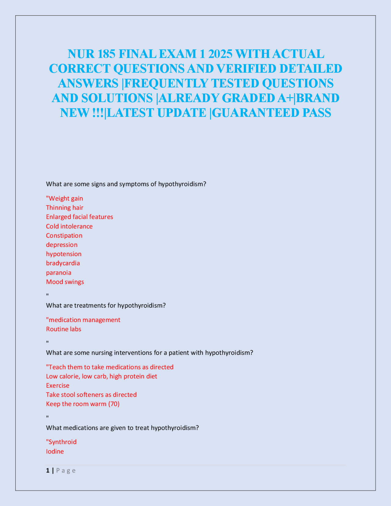 NUR 185 Final Exam 1 2025: Frequently Tested Questions and Solutions ...