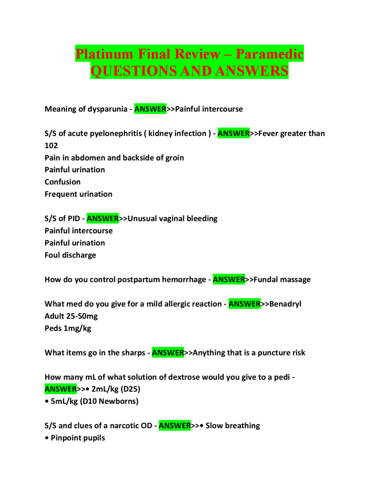 Paramedic Final Review: Questions and Answers | Exams Nursing | Docsity