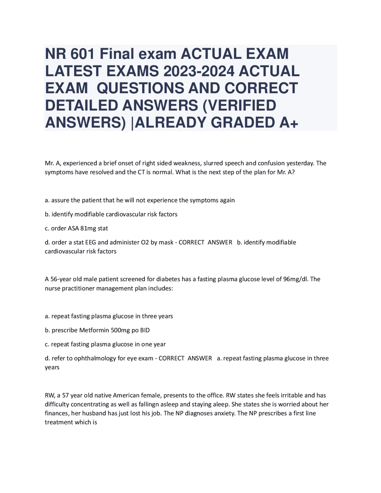 NR 601 Final exam ACTUAL EXAM LATEST EXAMS 2023-2024 ACTUAL EXAM ...