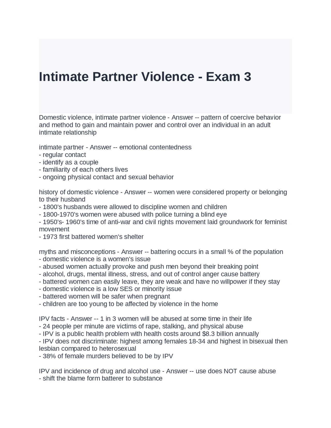 Intimate Partner Violence - Exam 3: Questions and Answers | Exams ...