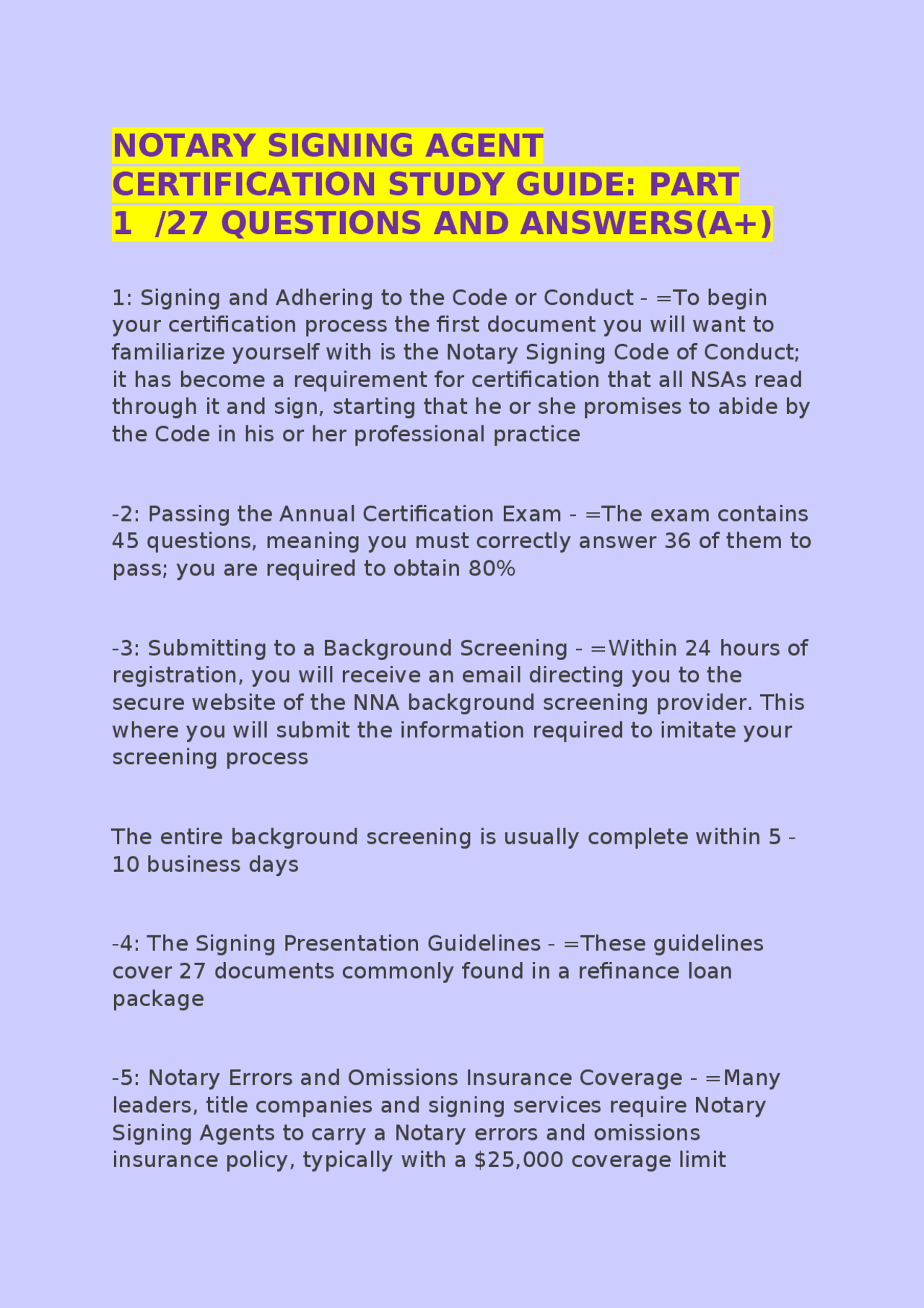 NOTARY SIGNING AGENT CERTIFICATION STUDY GUIDE: PART 1 /27 QUESTIONS ...