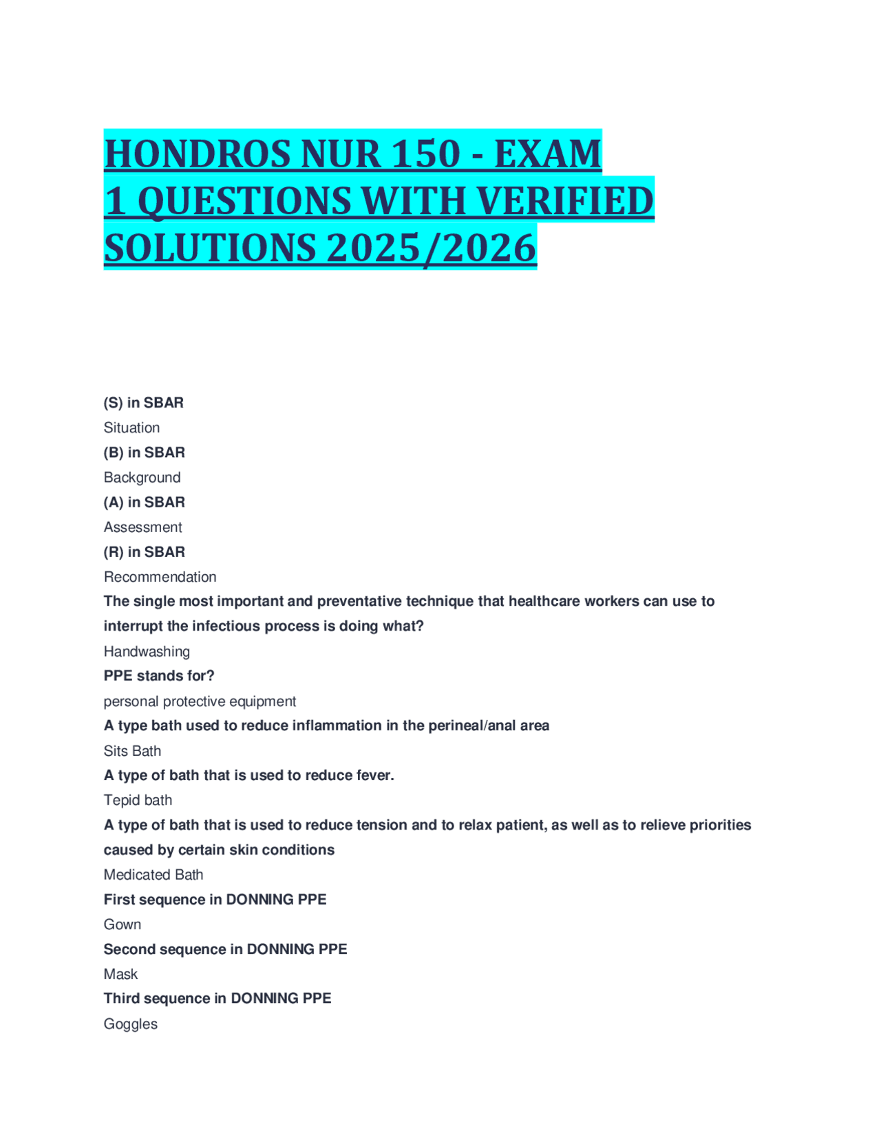 HONDROS NUR 150 - EXAM 1 QUESTIONS WITH VERIFIED SOLUTIONS 2025/2026 ...