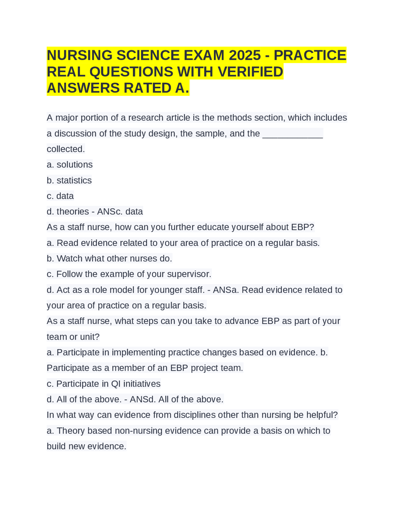 NURSING SCIENCE EXAM 2025 - PRACTICE REAL QUESTIONS WITH VERIFIED ...