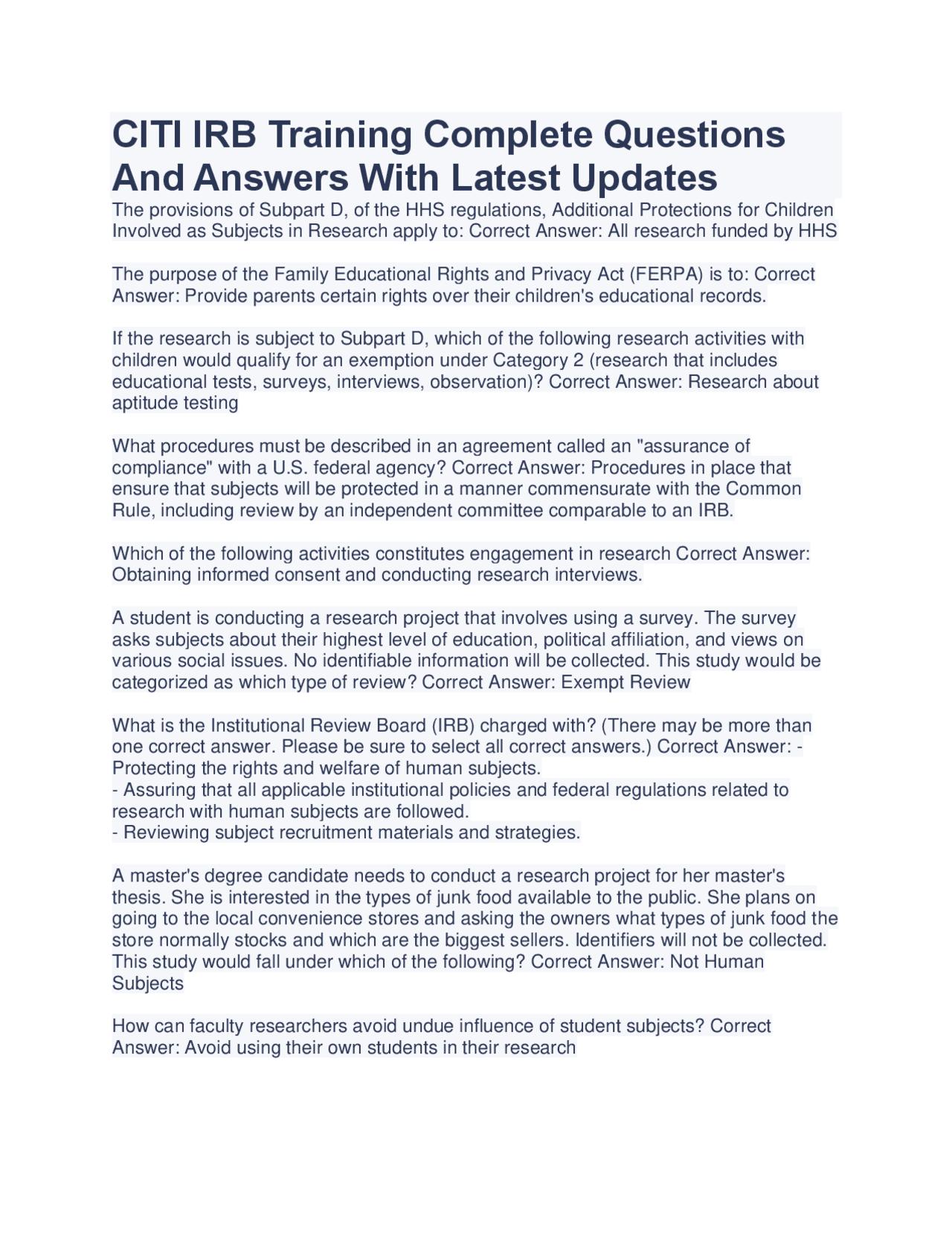 Citi Program Answers Module 1 CITI IRB Training Complete Questions And Answers With Latest Updates ...