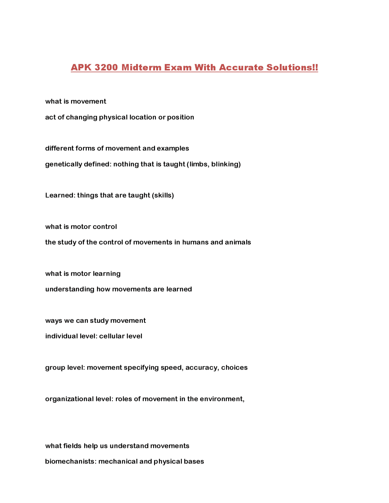 APK 3200 Midterm Exam With Accurate Solutions Exams Kinesiology