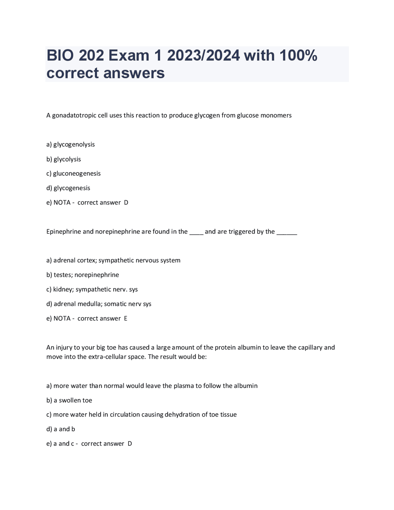 BIO 202 Exam 1 2023/2024: Multiple Choice Questions and Answers | Exams ...