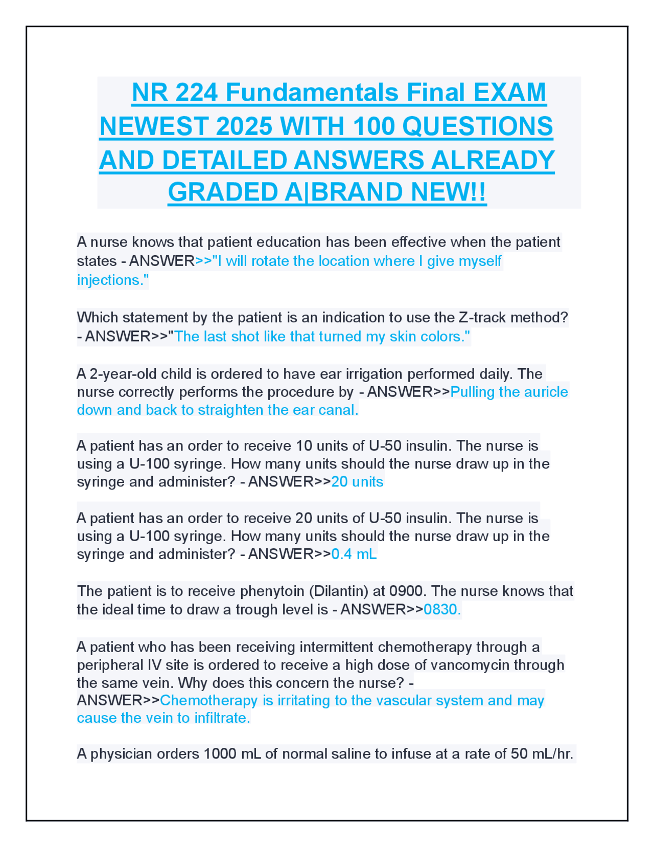 NR 224 Fundamentals Final EXAM WITH 100 QUESTIONS AND CORRECTLY ...