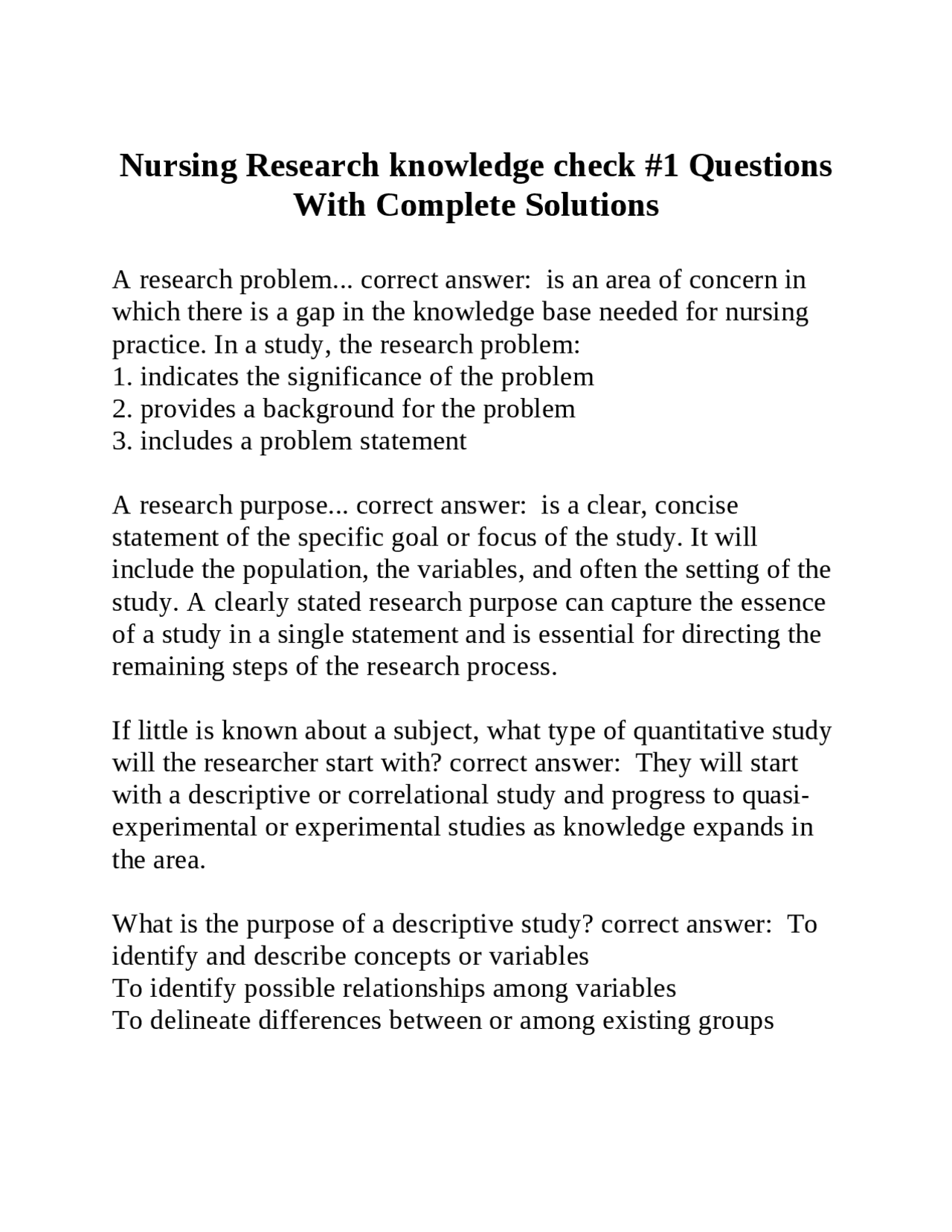 Nursing Research knowledge check #1 Questions With Complete Solutions ...