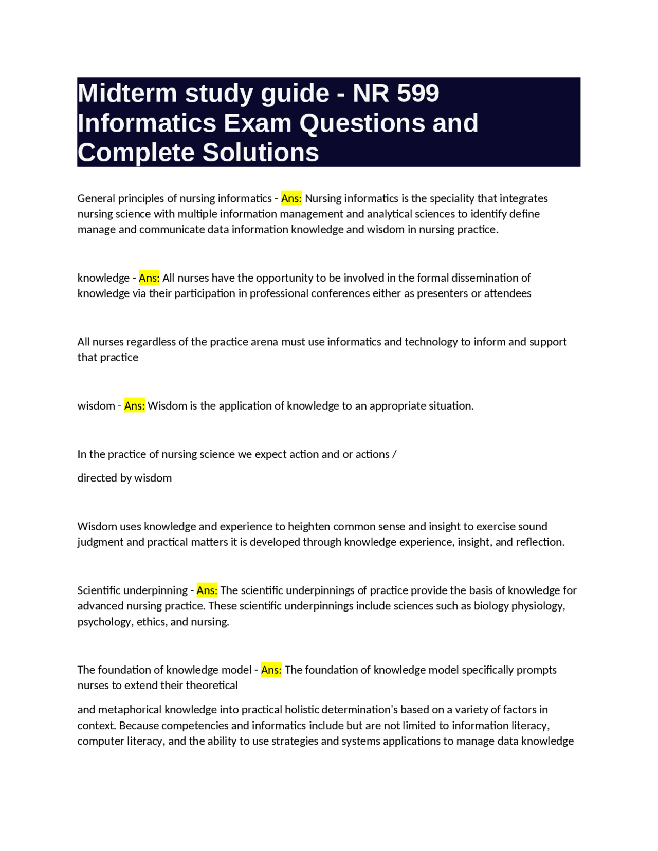 Midterm Study Guide - NR 599: Informatics Exam Questions and Complete ...
