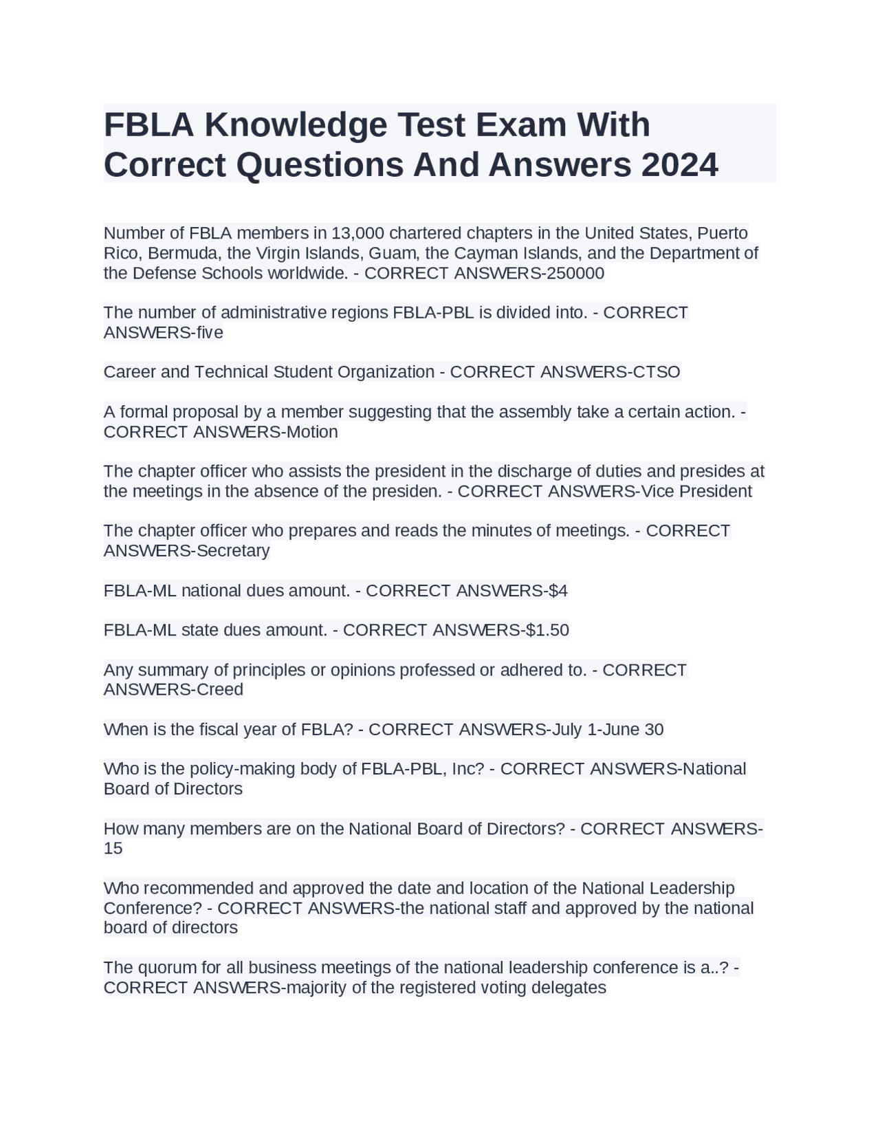 Fbla Testing FBLA Knowledge Test Exam With Correct Questions And Answers 2024 ...