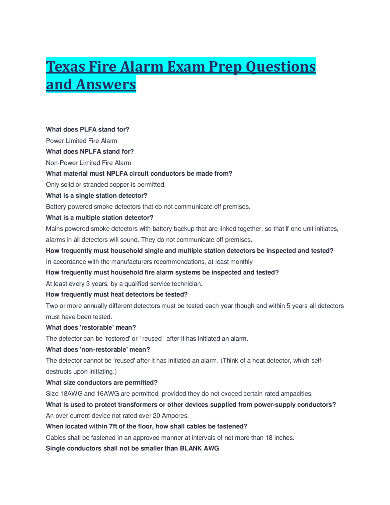 Texas Fire Alarm Exam Prep Questions and Answers | Exams Safety and ...