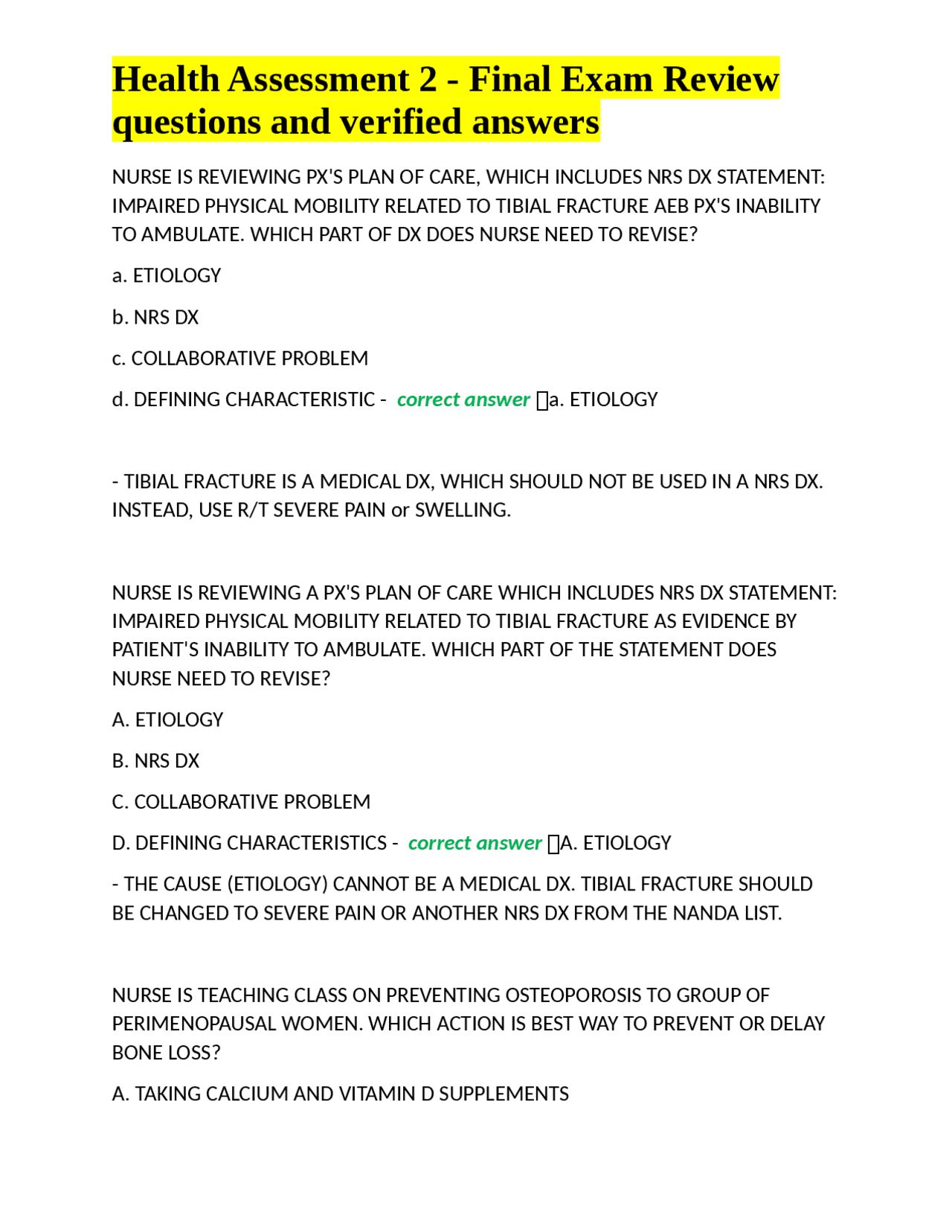 Health Assessment 2 - Final Exam Review: Nursing Practice Questions and ...