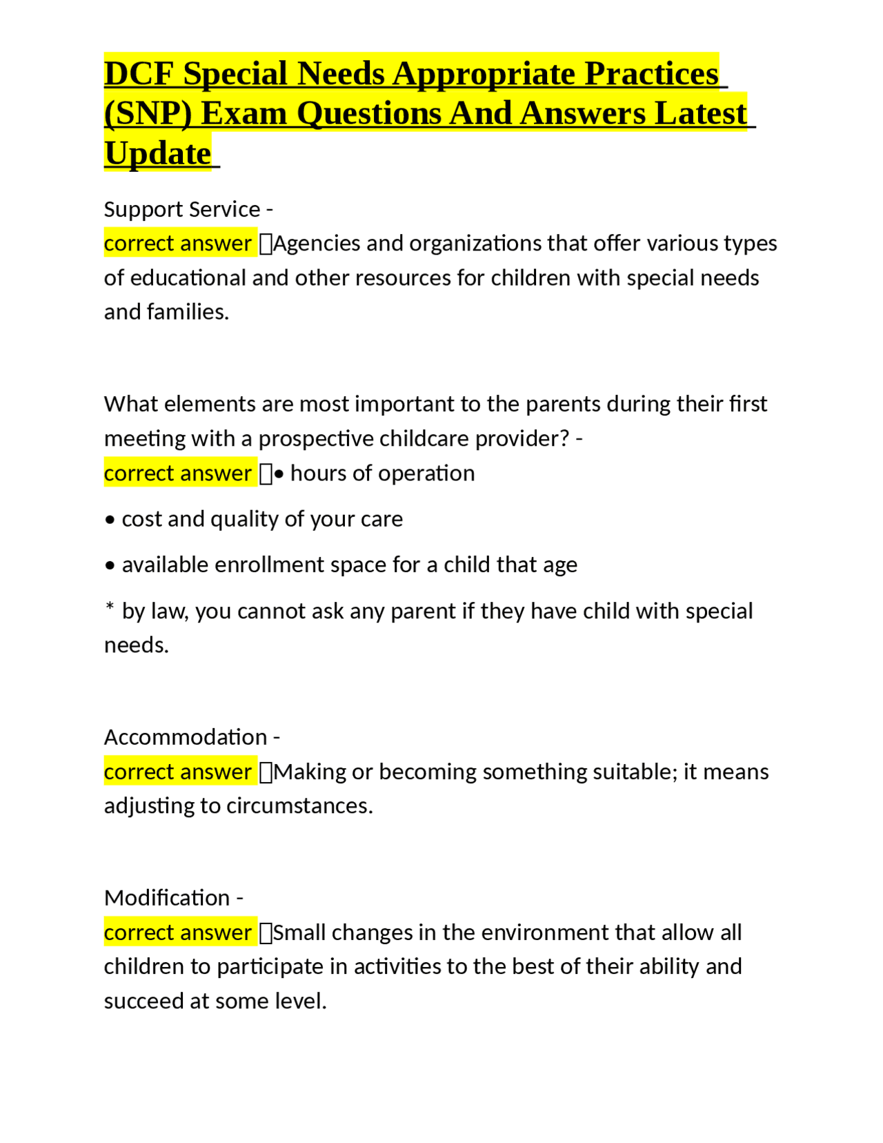 DCF Special Needs Appropriate Practices (SNP) Exam Questions and ...