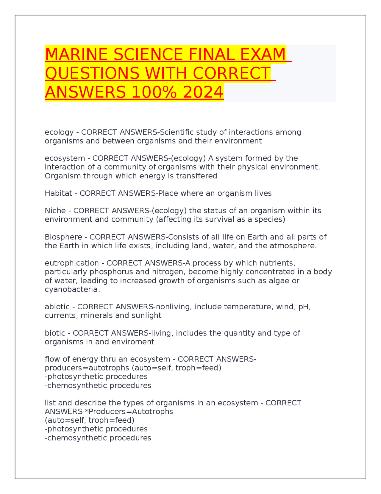 Marine Science Final Exam Questions and Answers | Exams Advanced ...