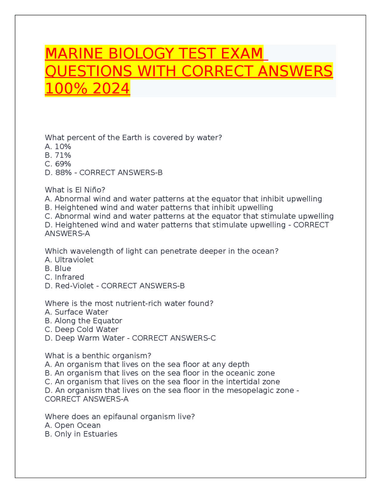 Marine Biology Test Exam: Questions with Correct Answers | Exams ...