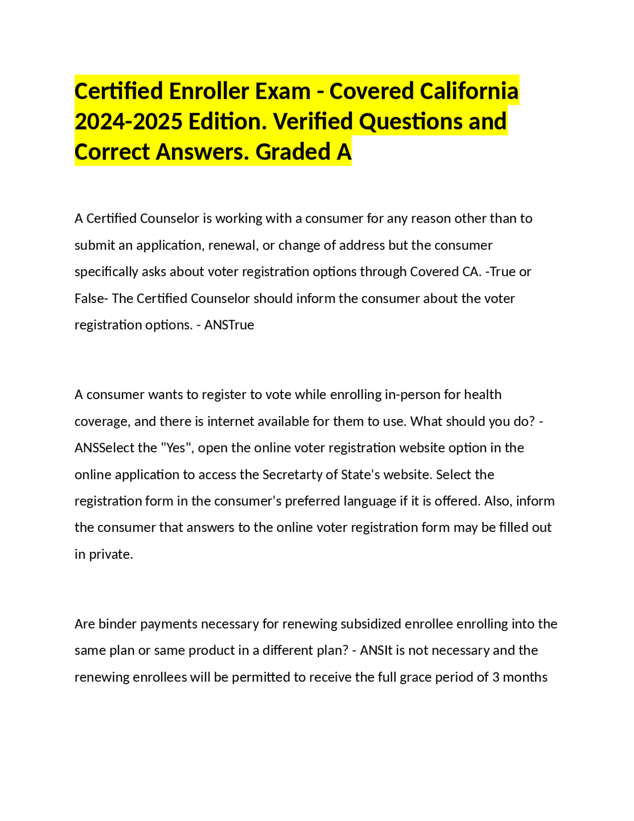 Covered California Enroller Exam: Verified Questions &amp; Answers (2024-2025) | Exams Career ...