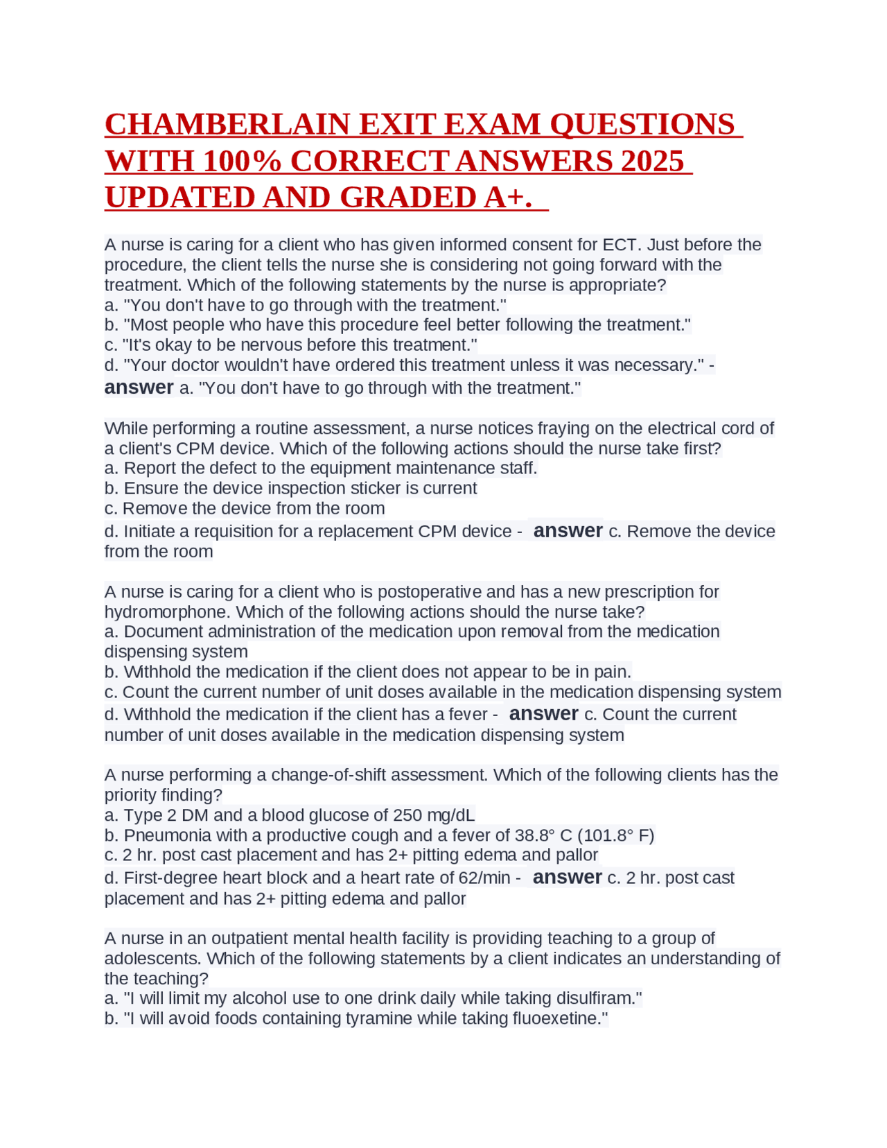 Chamberlain Exit Exam Questions with Answers: Nursing