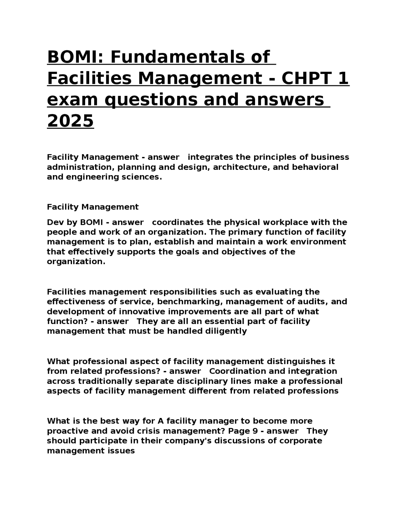 BOMI Fundamentals of Facilities Management - CHPT 1 exam questions and answers 2025.docx | Exams ...