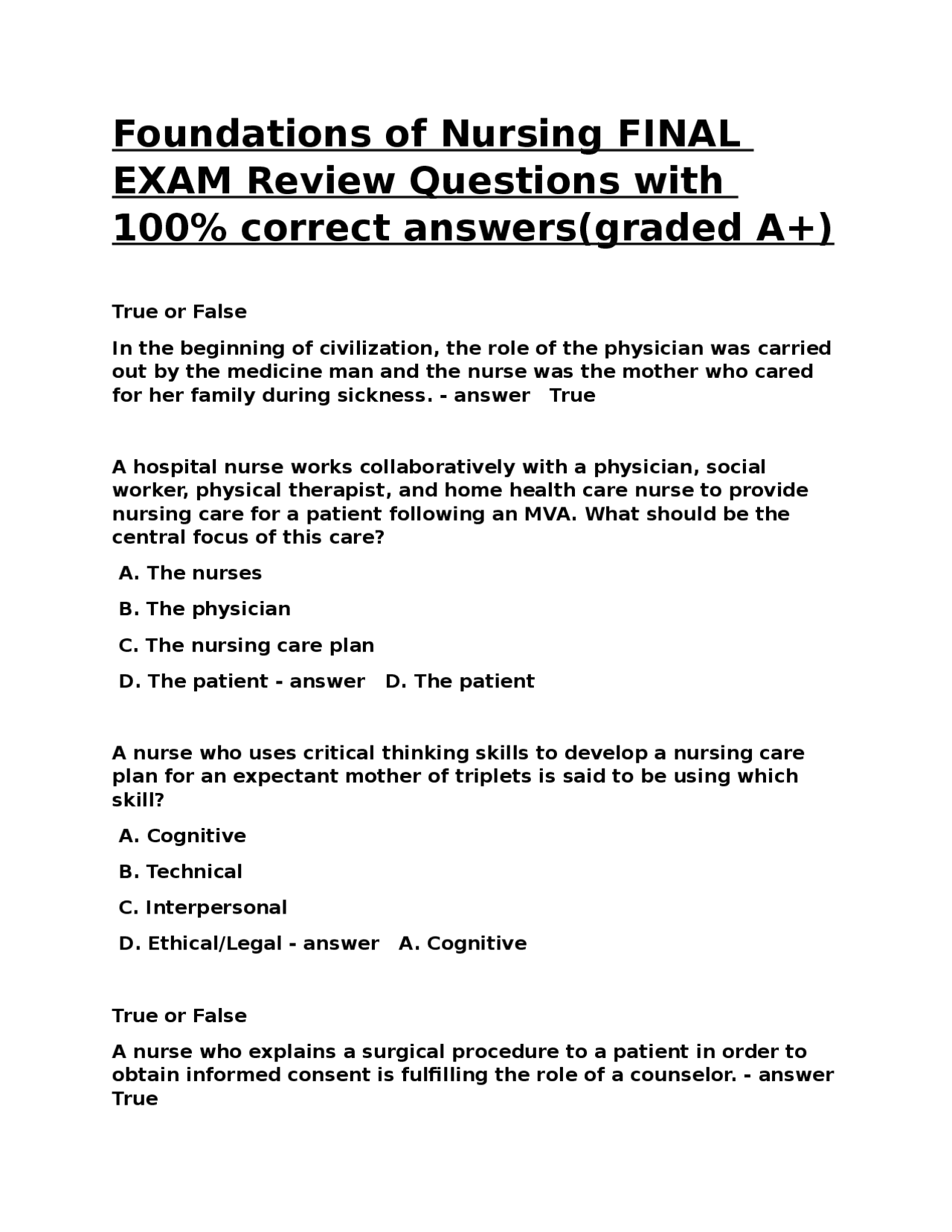 Foundations of Nursing FINAL EXAM Review Questions with 100% correct ...