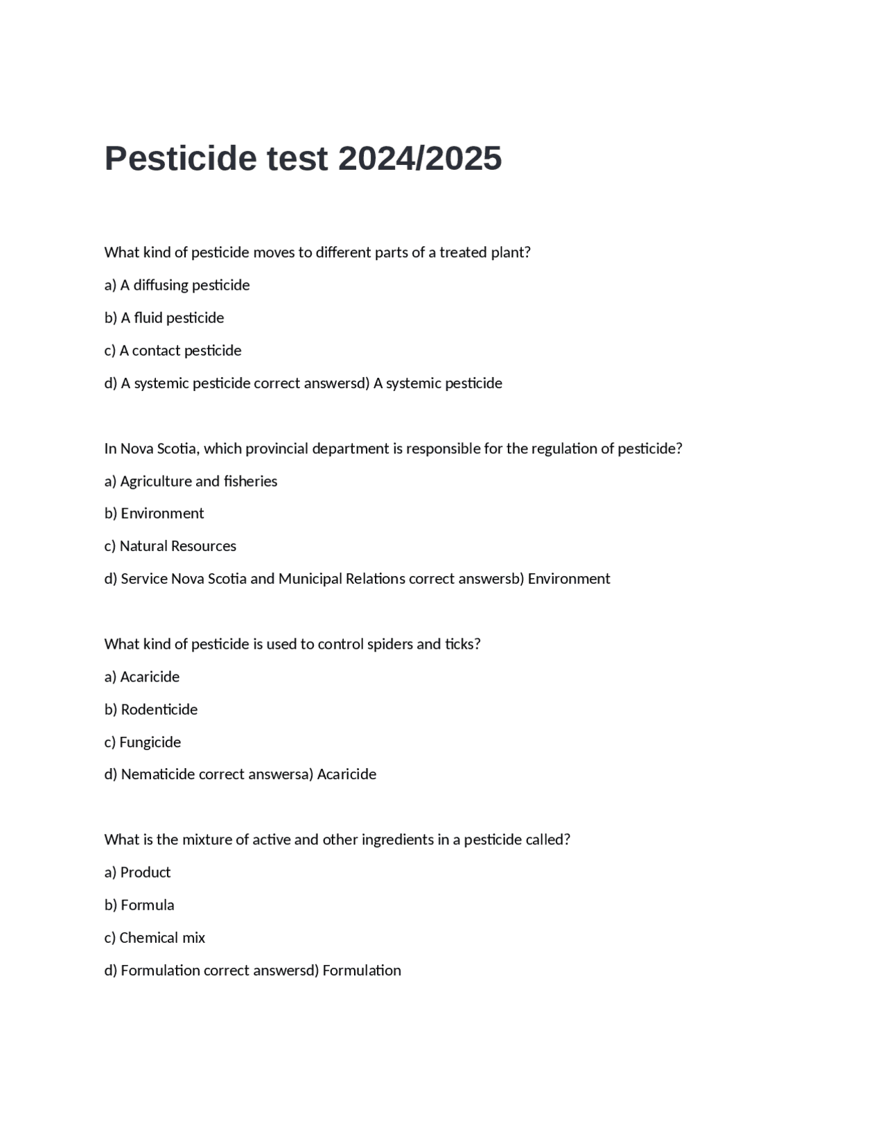 Pesticide test 2025 with correct answers | Exams Pest Management | Docsity