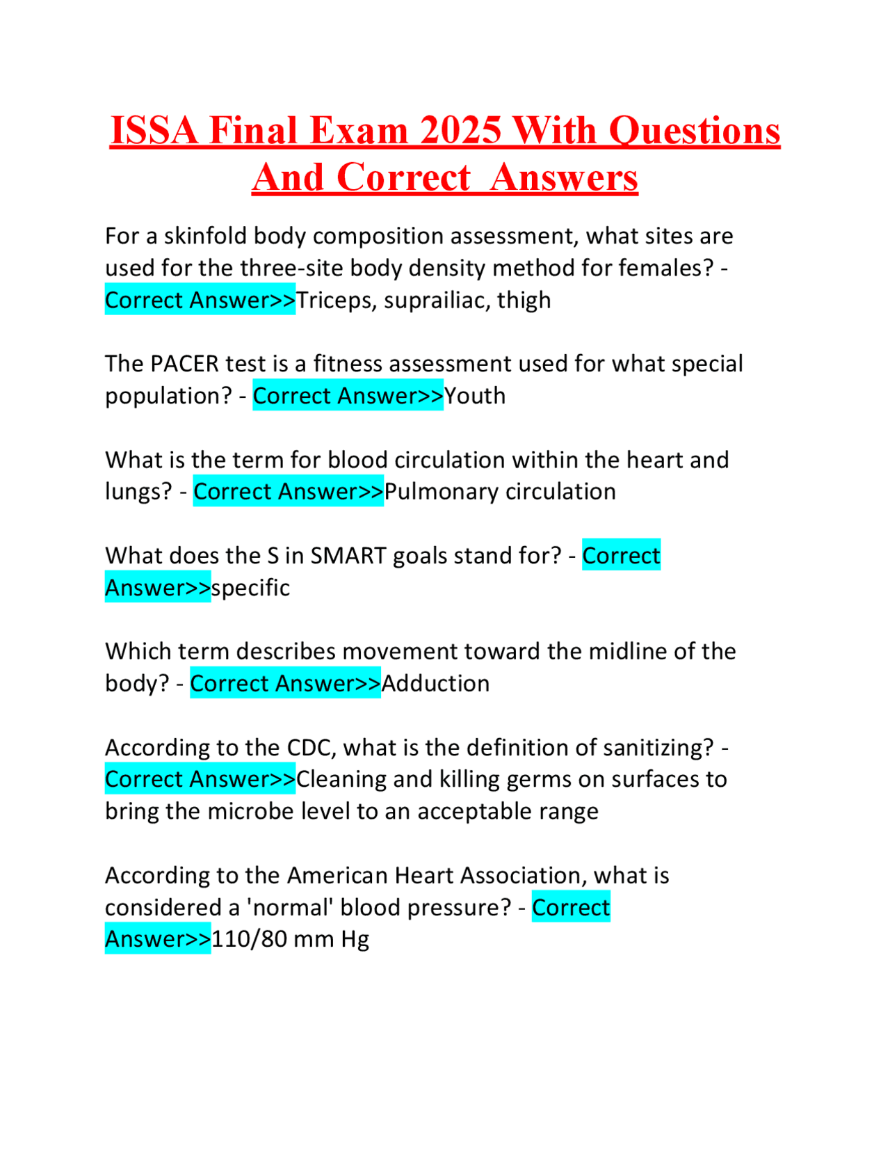 ISSA Final Exam 2025 With Questions And Correct Answers | Exams Nursing ...