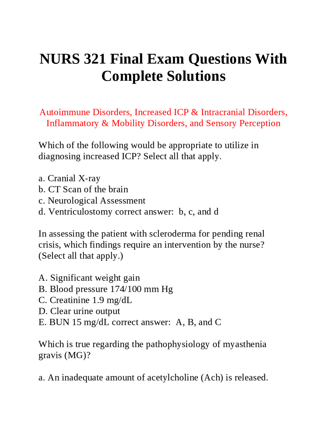 NURS 321 Final Exam Questions With Complete Solutions | Exams Nursing ...