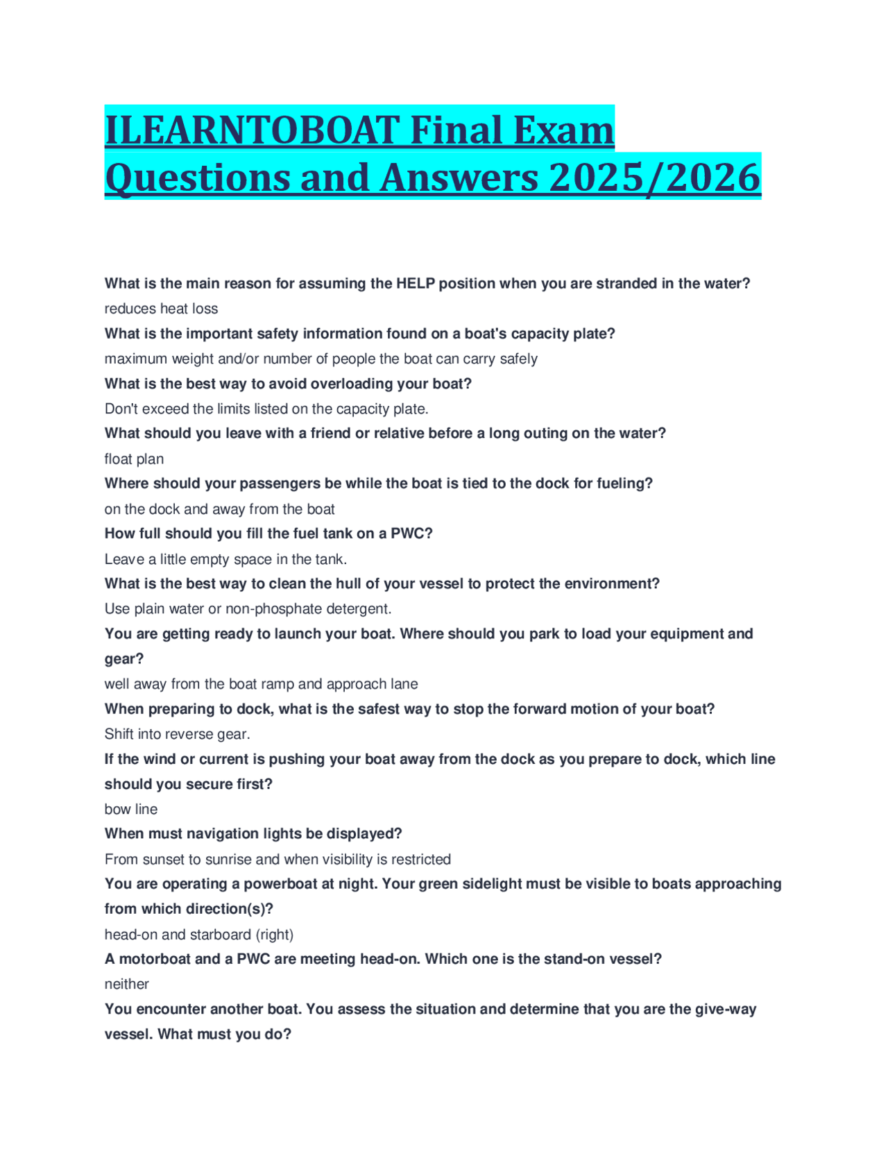 ILEARNTOBOAT Final Exam Questions and Answers 2025/2026 | Exams Maritime Law | Docsity