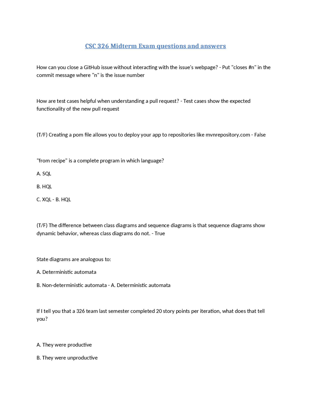 CSC 326 Midterm Exam Questions and Answers: Software Engineering ...