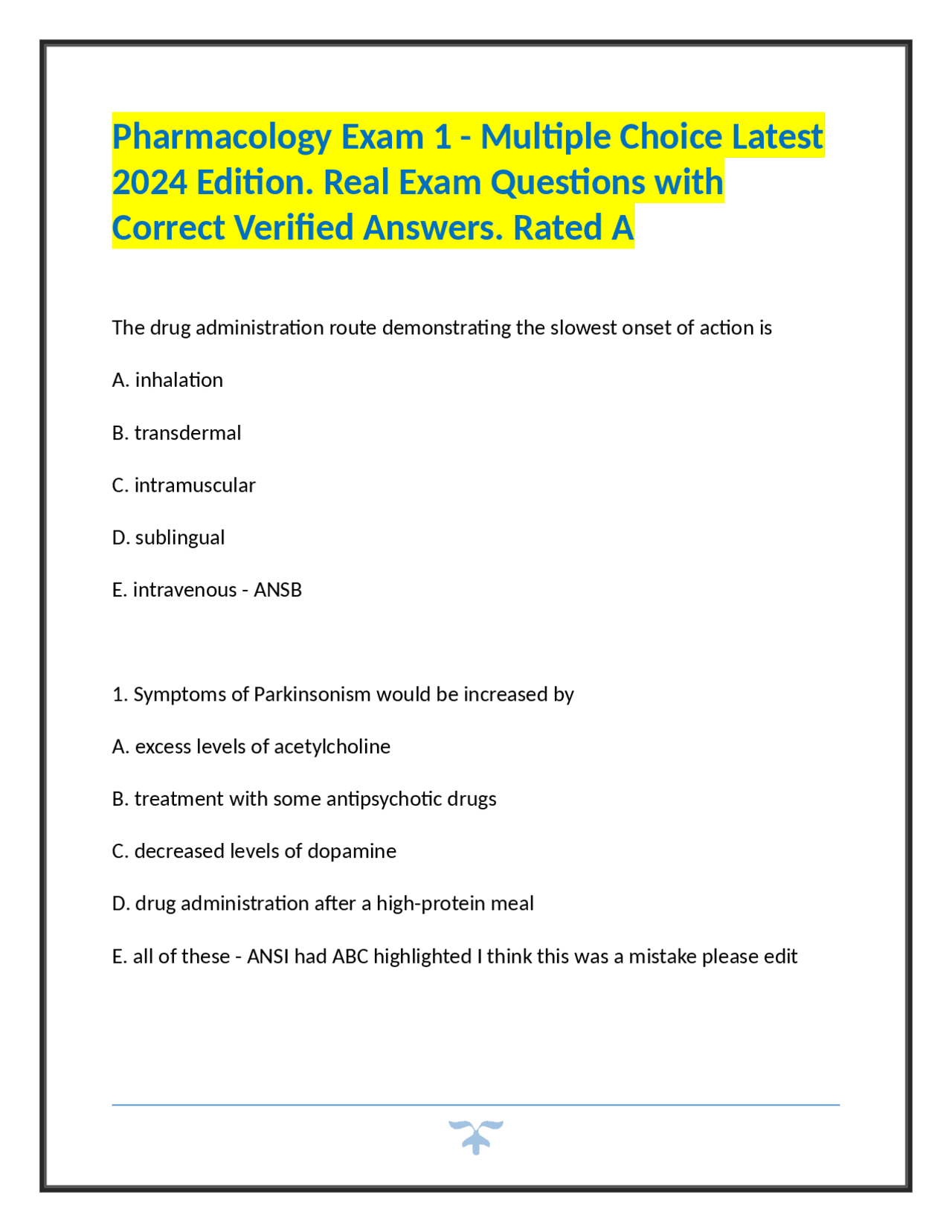 Pharmacology Exam 1 - Multiple Choice Latest 2024 Edition. Real Exam ...