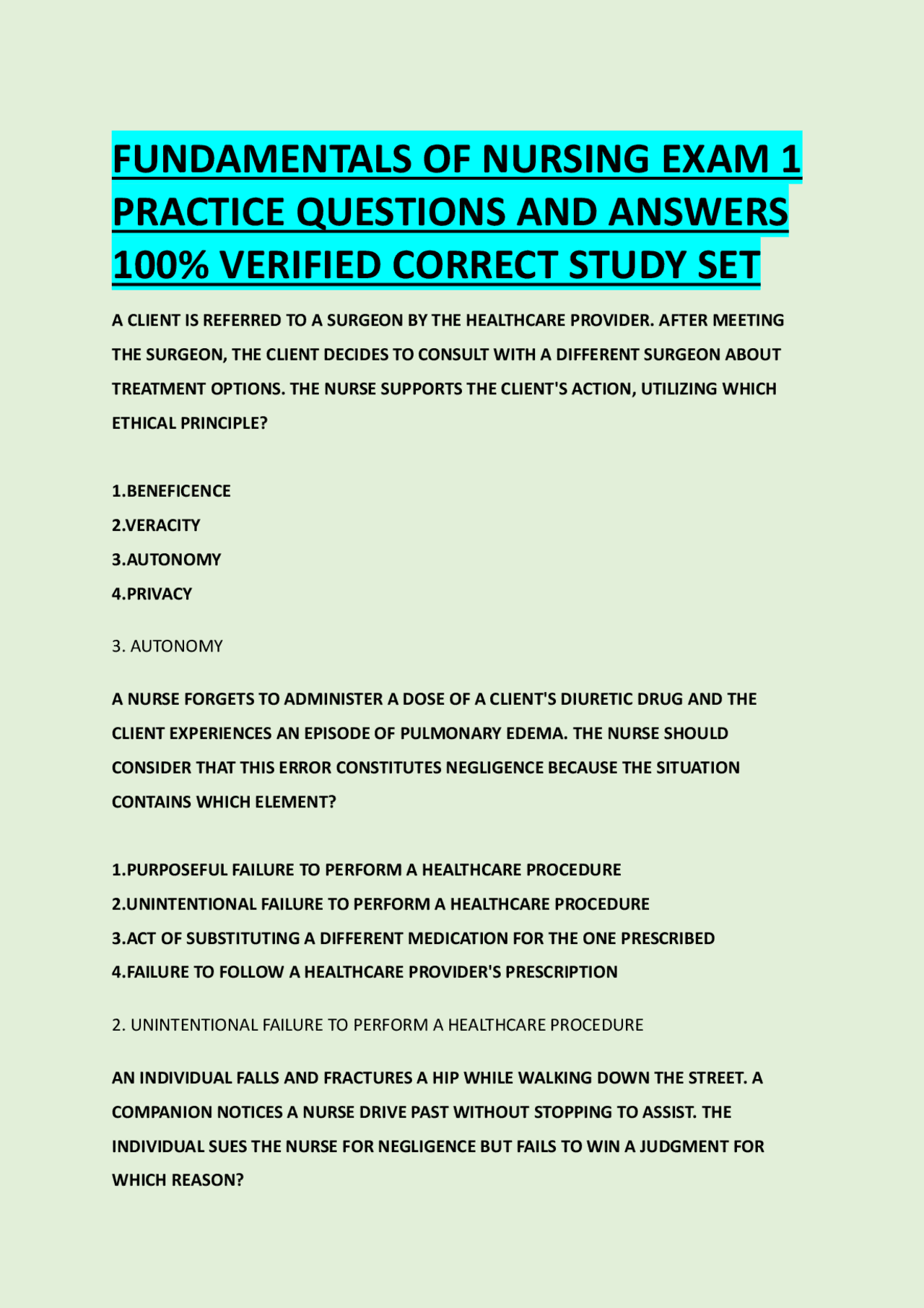 FUNDAMENTALS OF NURSING EXAM 1 PRACTICE QUESTIONS AND ANSWERS 100% ...