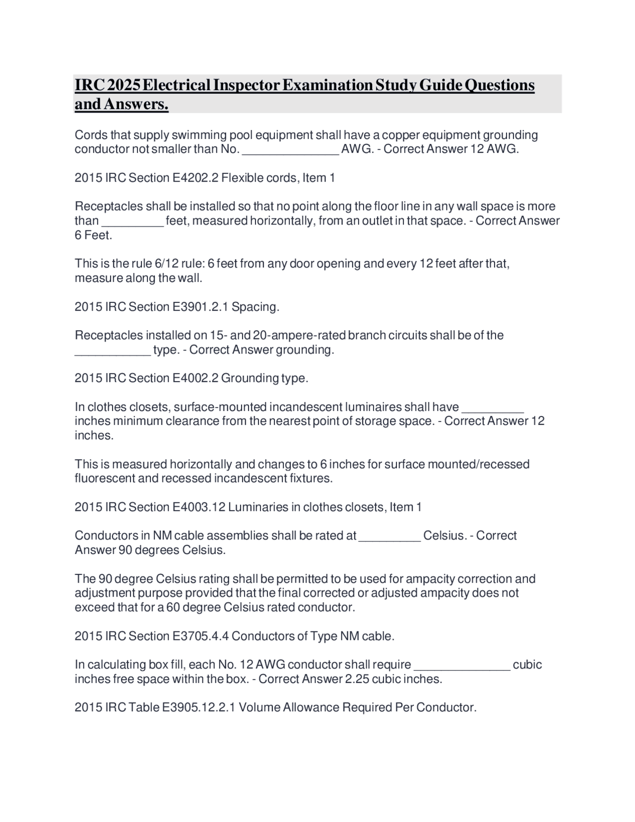 IRC 2025 Electrical Inspector Examination Study Guide Questions and ...