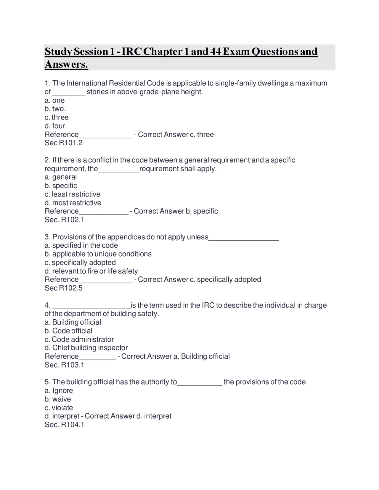International Residential Code (IRC) Chapter 1 and 44 Exam Questions ...