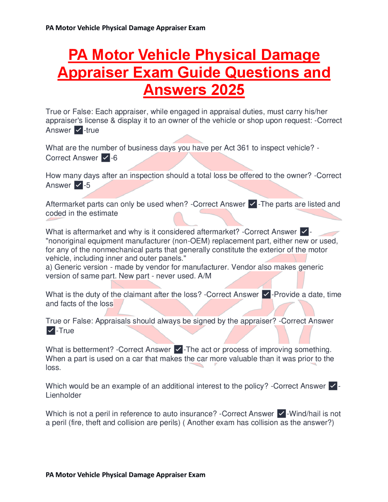 PA Motor Vehicle Physical Damage Appraiser Exam Guide: Questions and ...